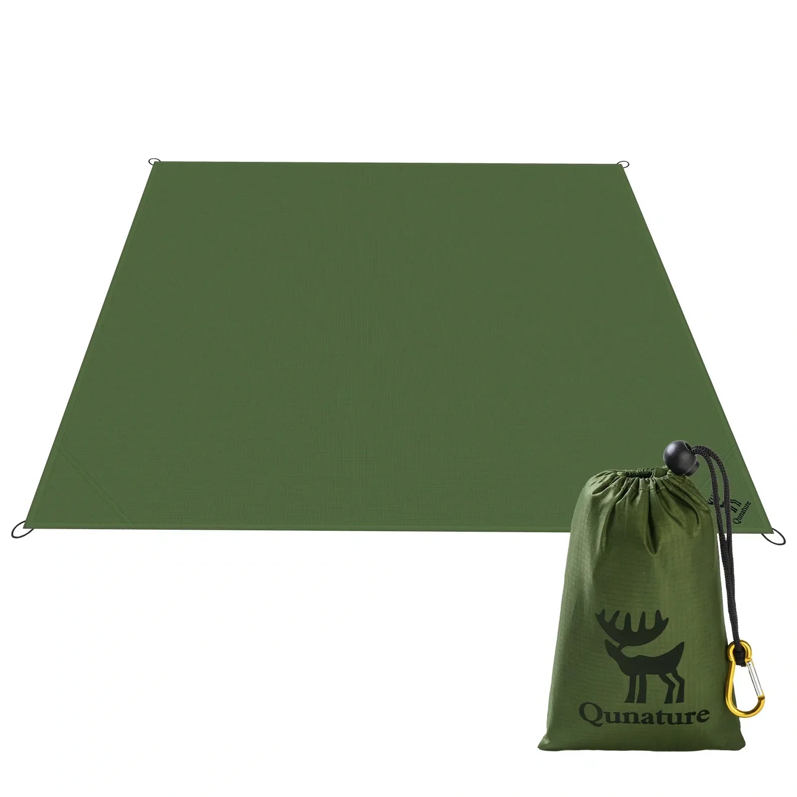 Green camping tarp with a carrying bag featuring a brand logo on a white background#color_green
