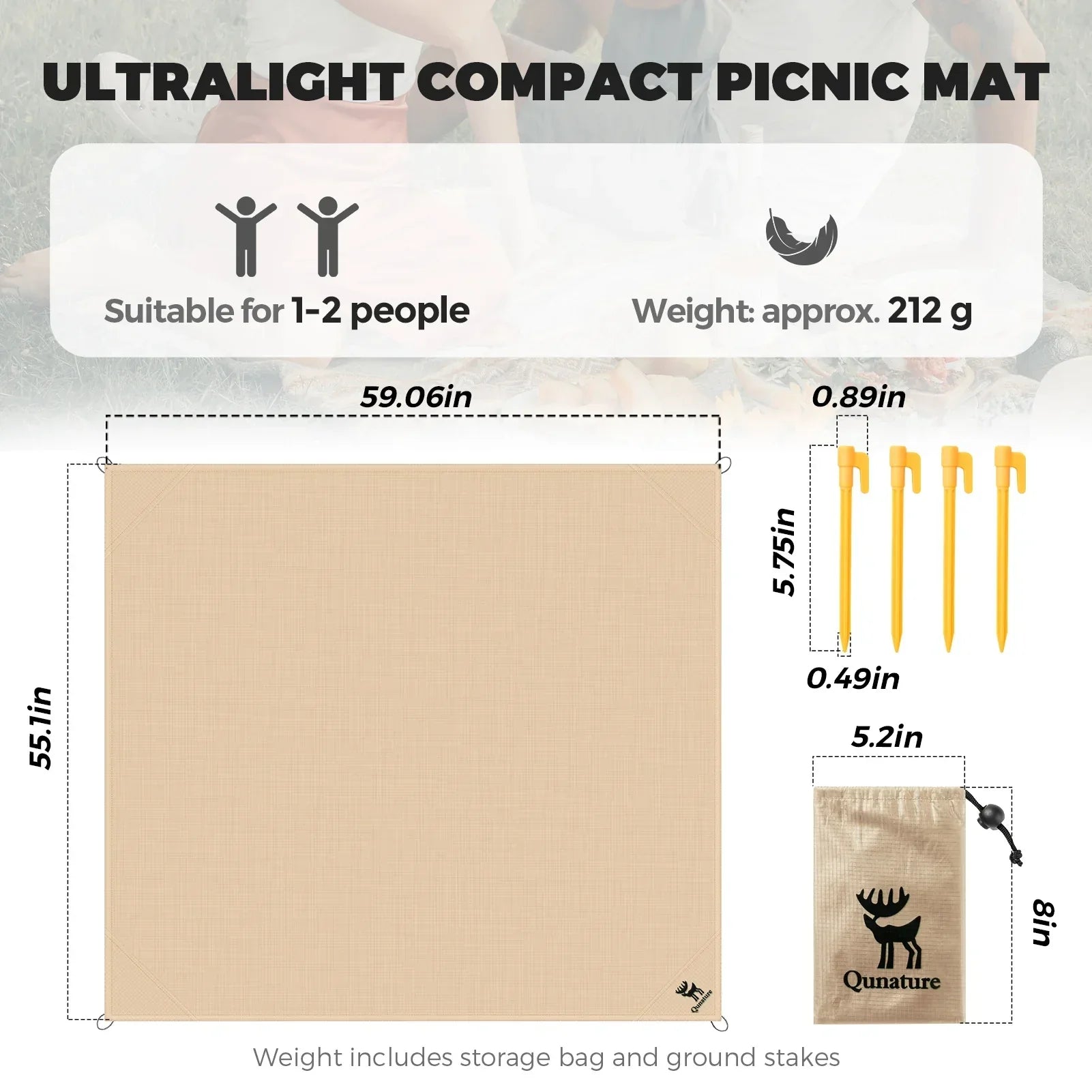 Ultralight compact picnic mat with dimensions, weight, and features displayed.#color_Khaki