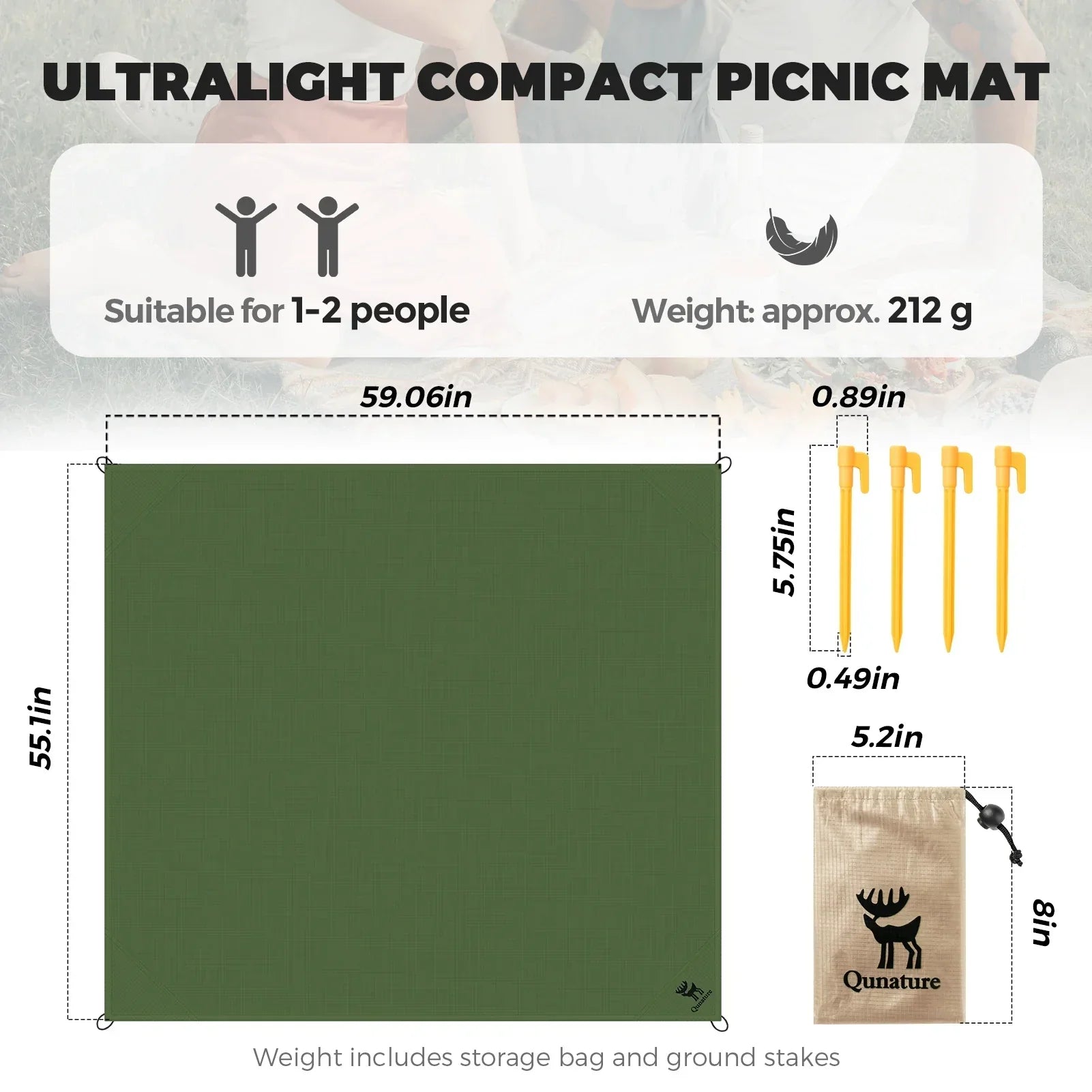 Ultralight compact picnic mat with dimensions, weight, and storage bag on a white background#color_green