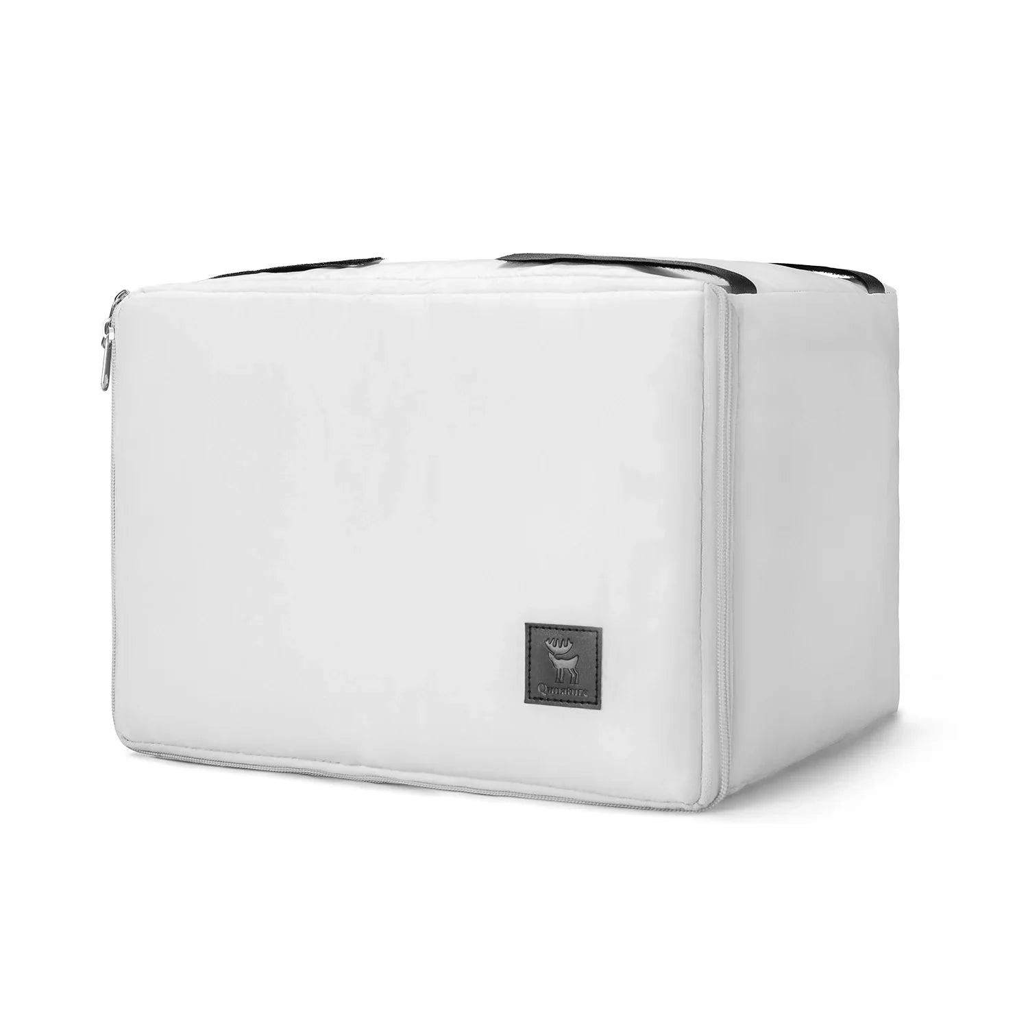White suitcase with a brand logo on a white background