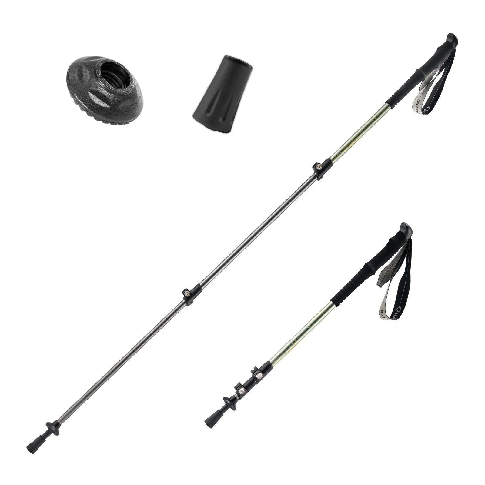 Two black hiking poles with adjustable components on a white background