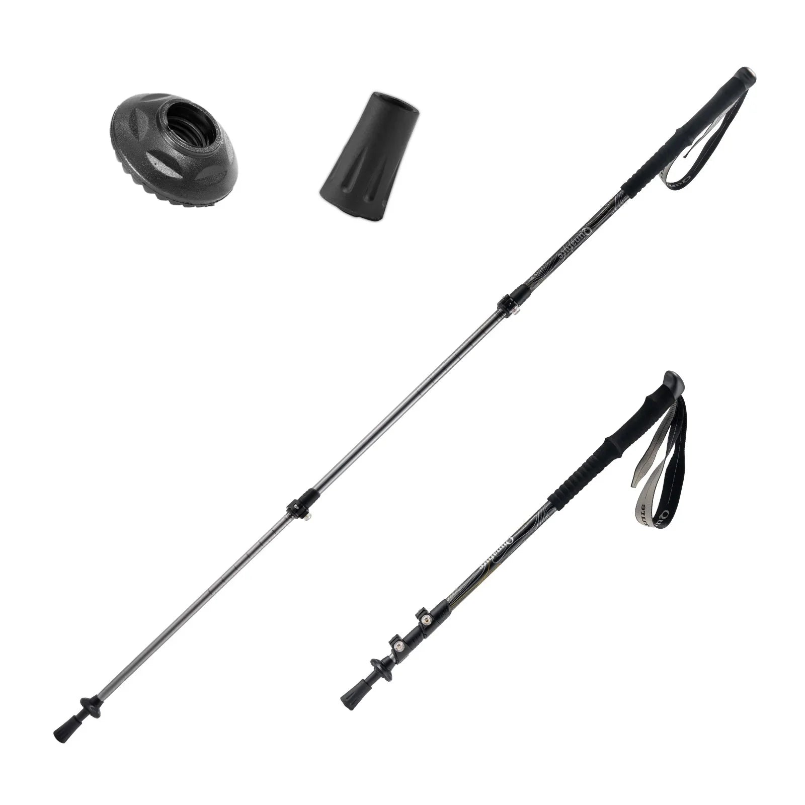 Two black hiking poles with accessories on a white background