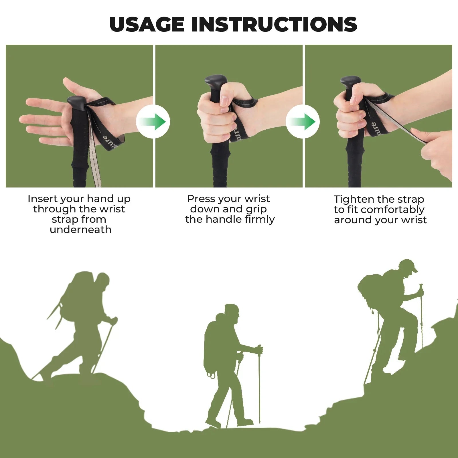 Usage instructions for a hiking wrist strap with illustrations of hands and hikers.