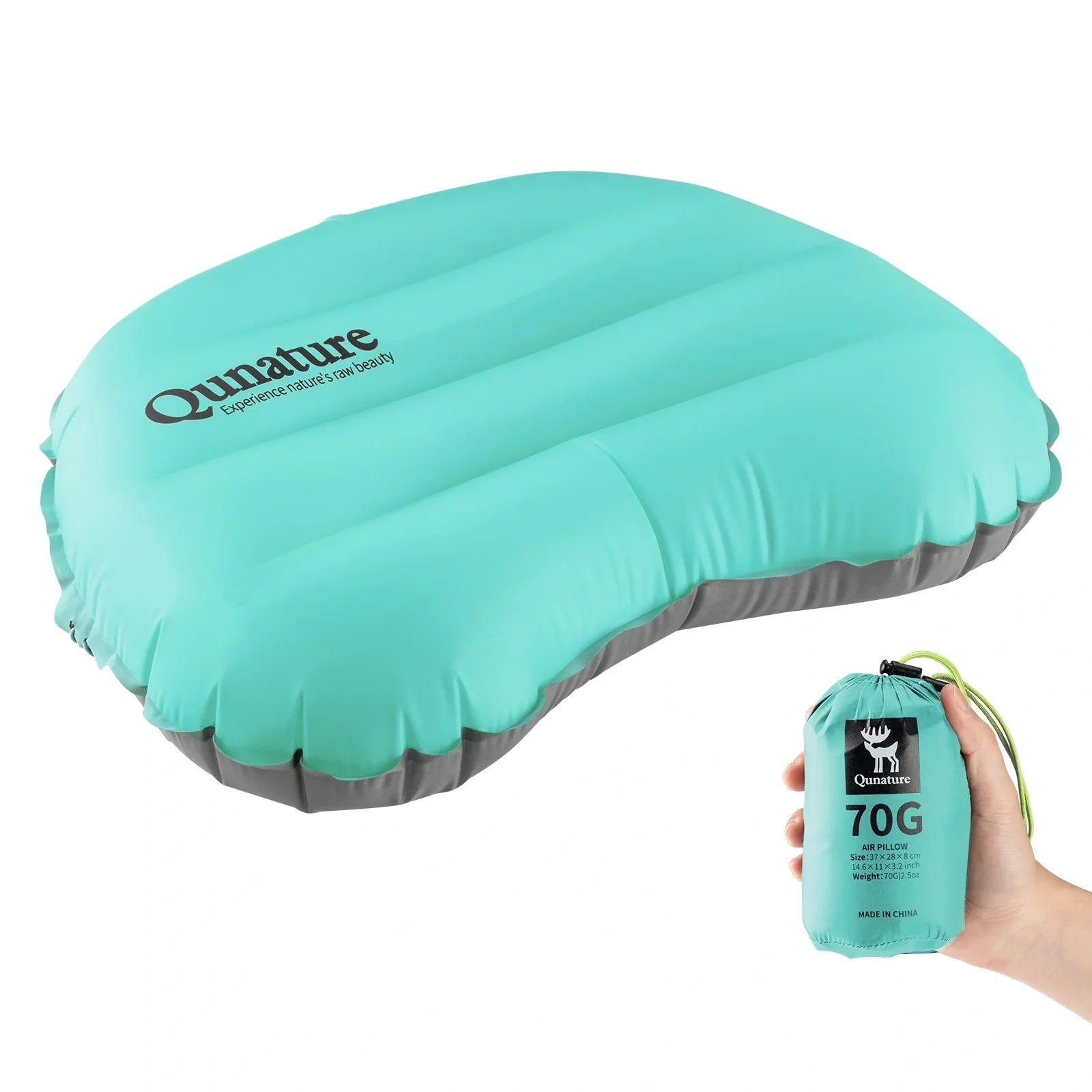 Turquoise inflatable pillow with Qnature branding and a smaller pack of the same brand. #color_aqua blue