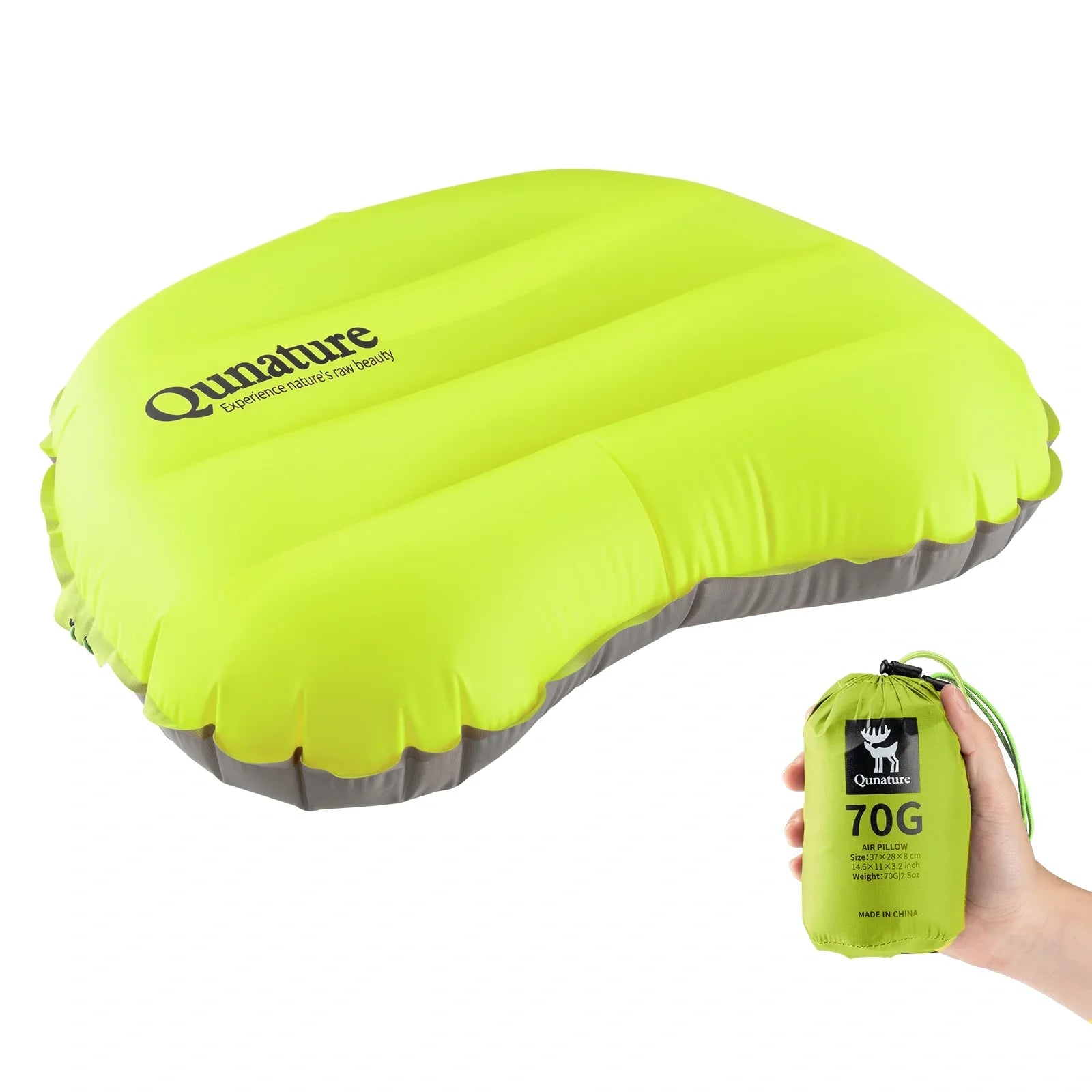 Green inflatable pillow with a carrying bag labeled '70G' on a white  background #color_lime green