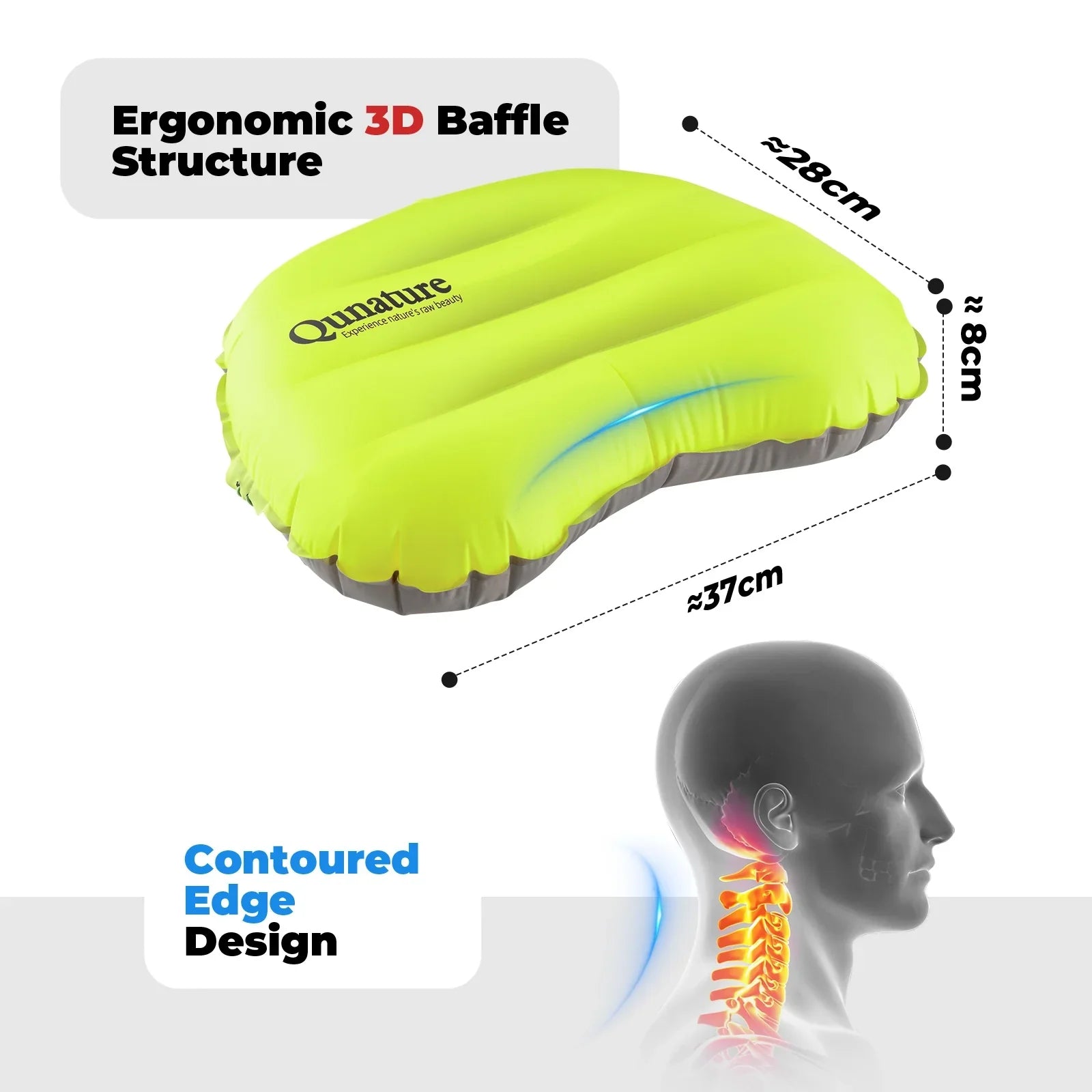 Inflatable pillow with ergonomic design features and Qinnacle branding on a white background #color_lime green