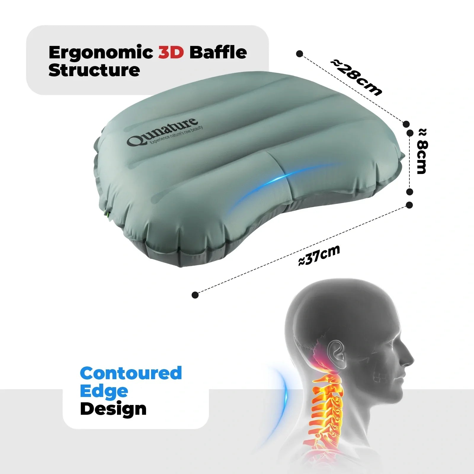 Inflatable pillow with ergonomic design features and Qunature branding on a white background. #Color_Rock gray