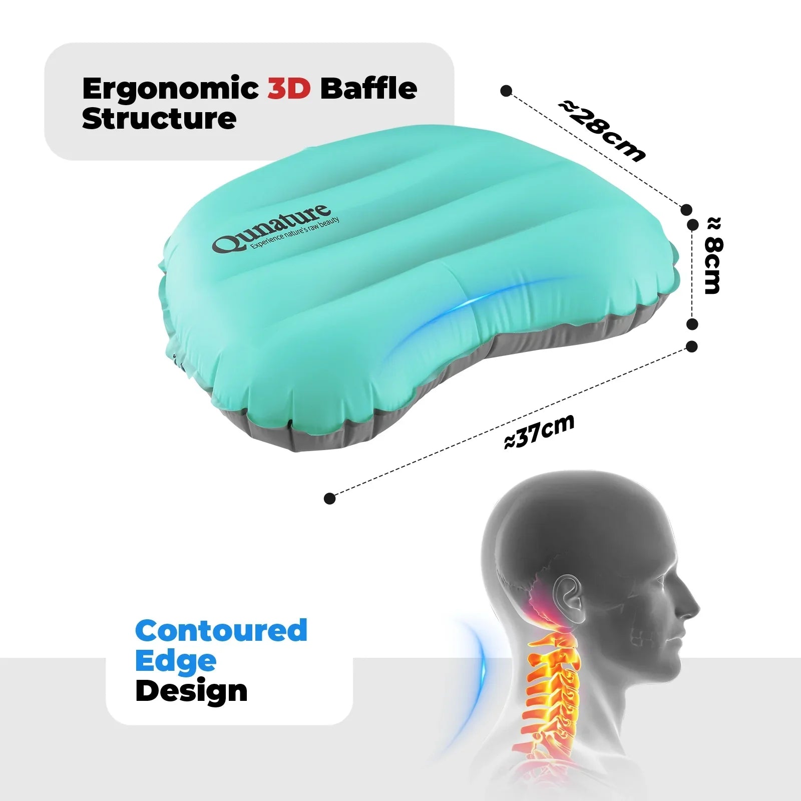 Inflatable pillow with ergonomic design features and Qunature branding on a white background #color_aqua blue