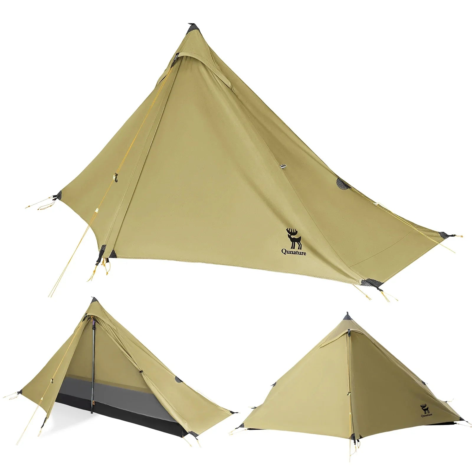 Three beige tents with a brand logo on a white background #color_olive green