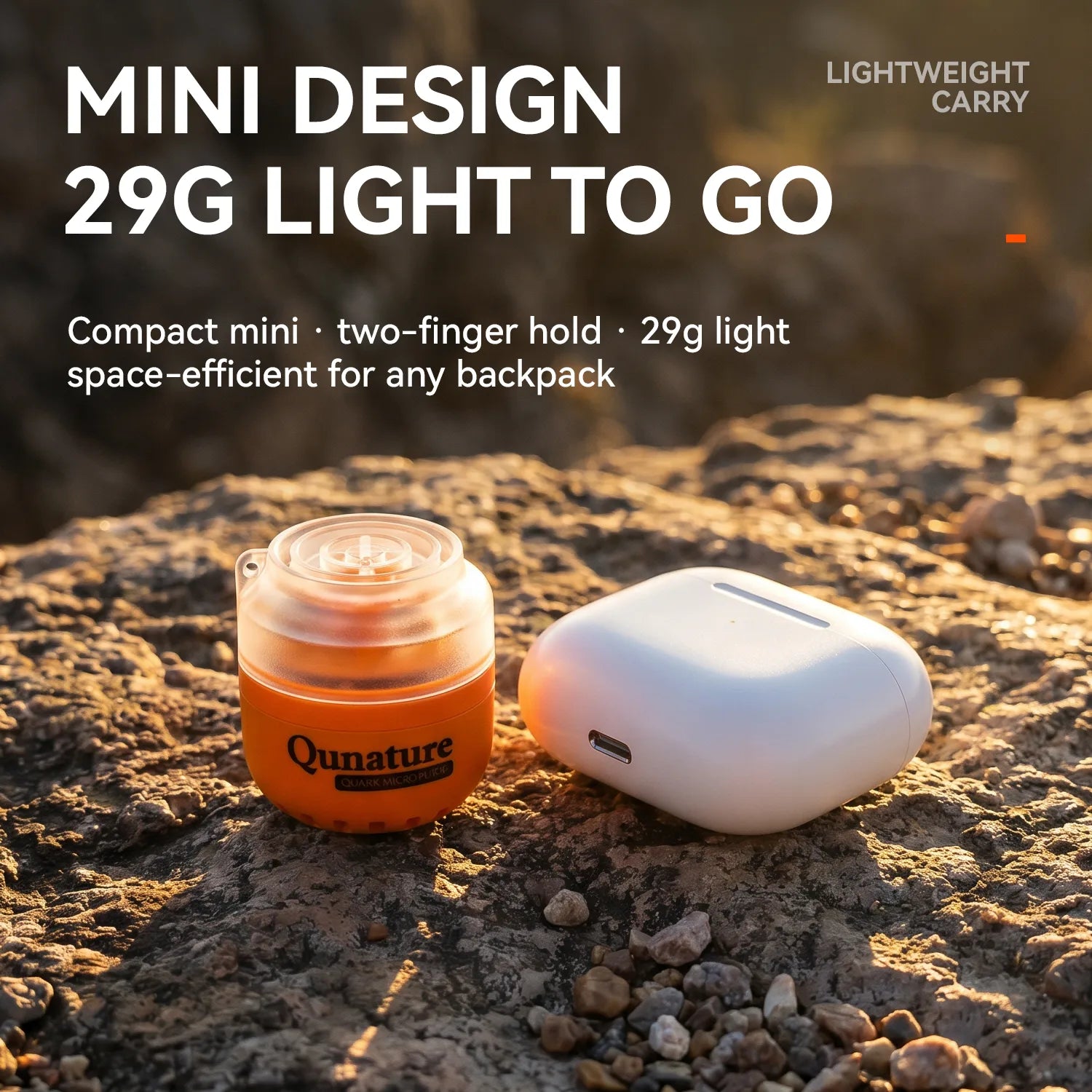 Two small electronic devices on a rocky surface with text highlighting their lightweight design.