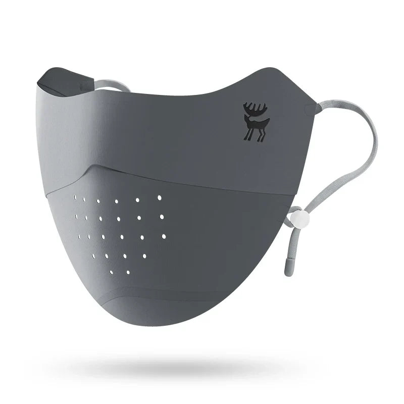 Gray face mask with a logo on a white background