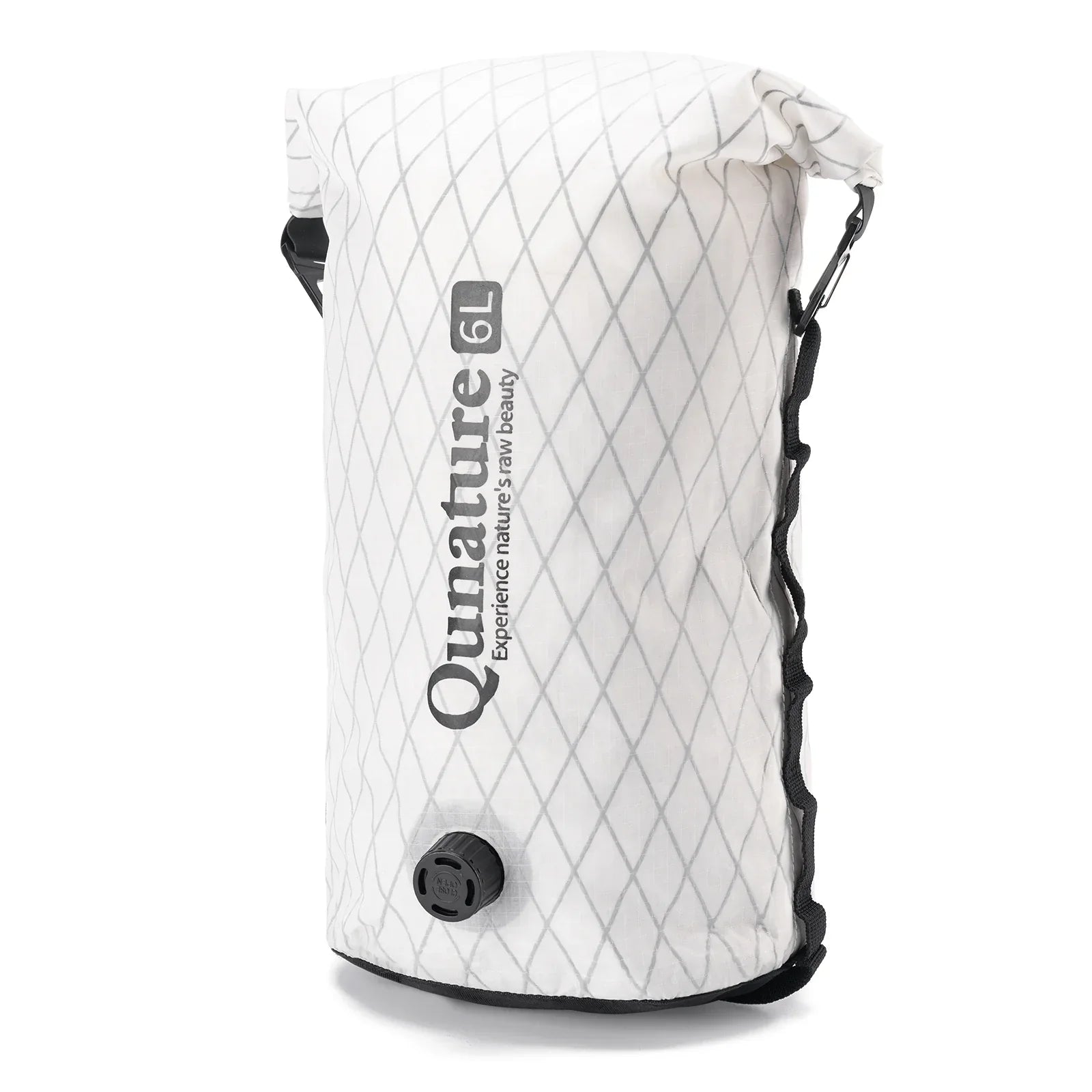 White quilted dry bag with black text and branding on a white background