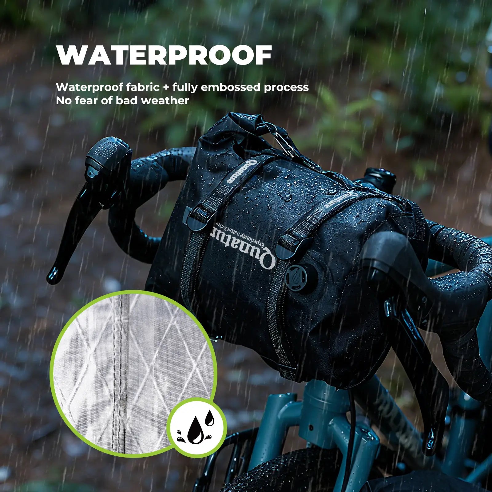 Waterproof bike bag with raindrops on a bike in the background