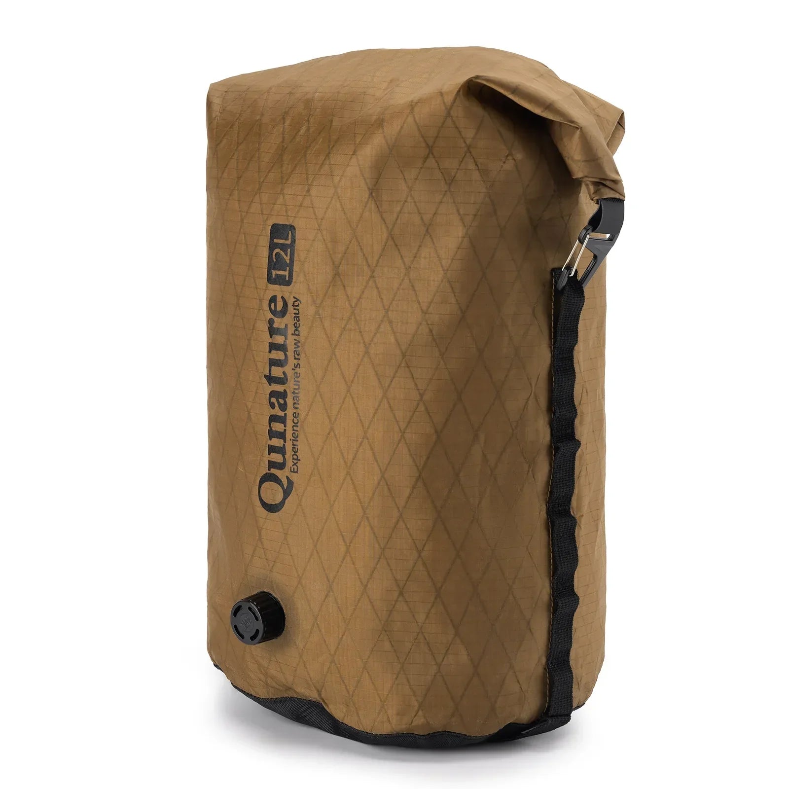 Brown quilted bag with black accents on a white background