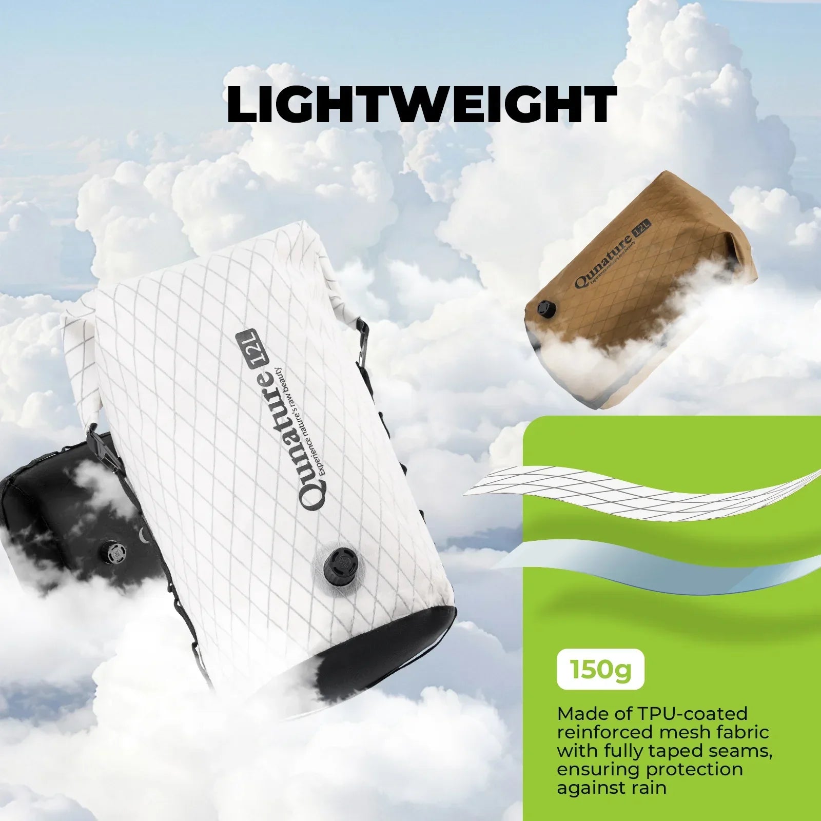 Qu nature products with cloud background and text highlighting lightweight and TPU-coated fabric. #size_12L