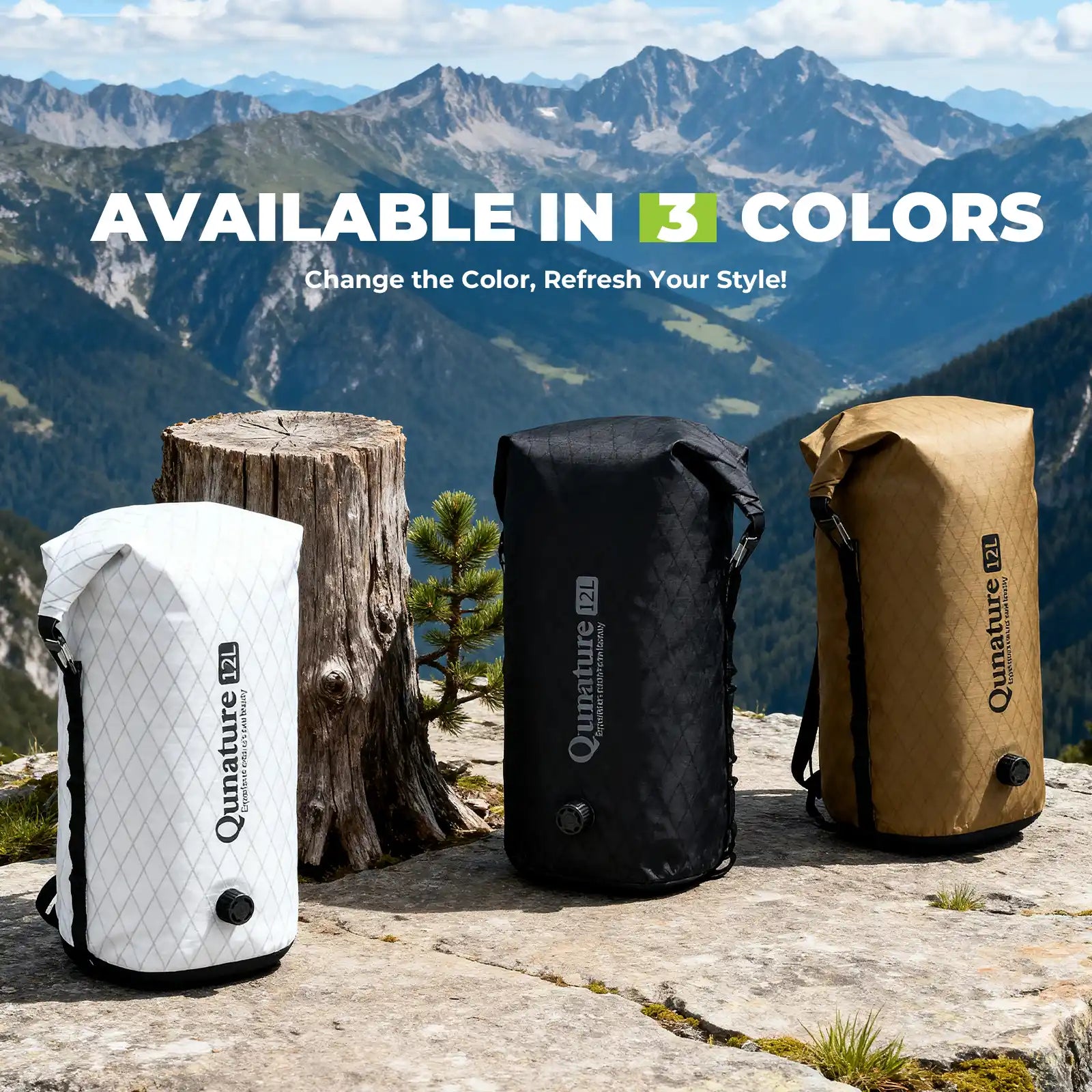 Three dry bags in white, black, and brown on a mountainous background with text 'Available in 3 Colors'.