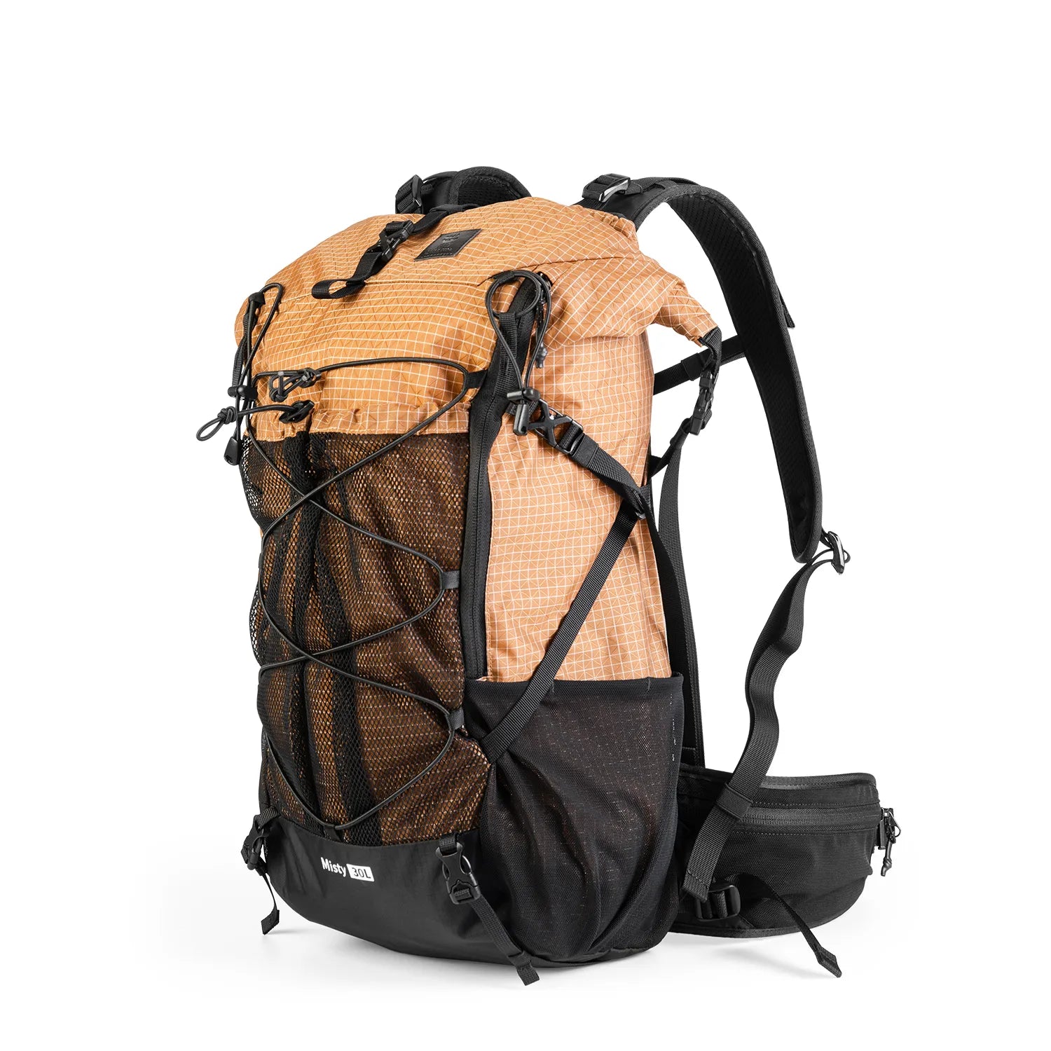 A khaki waterproof backpack with two mesh pockets on the side for hiking #Color_khaki