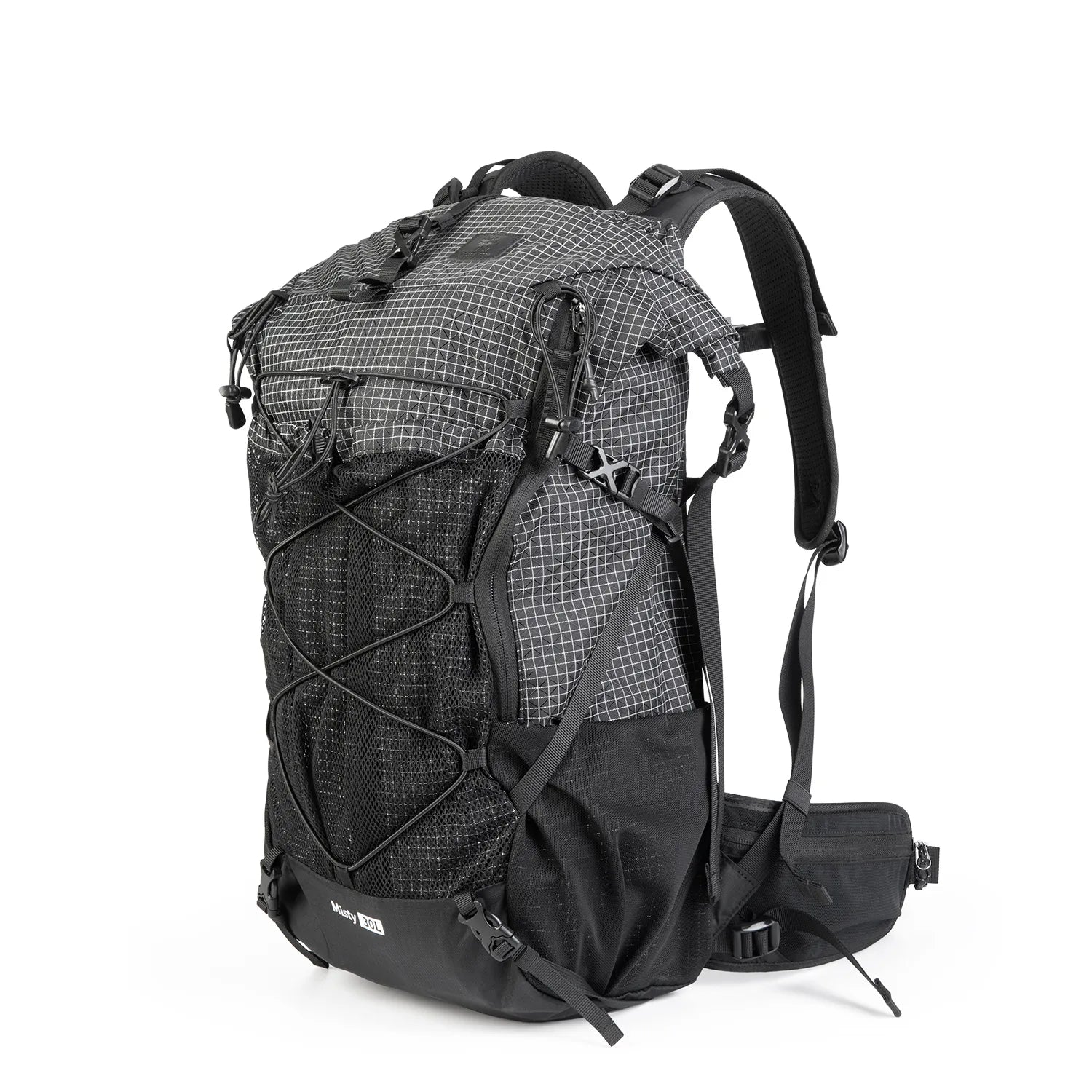 A black waterproof backpack with two mesh pockets on the side for hiking #Color_Black