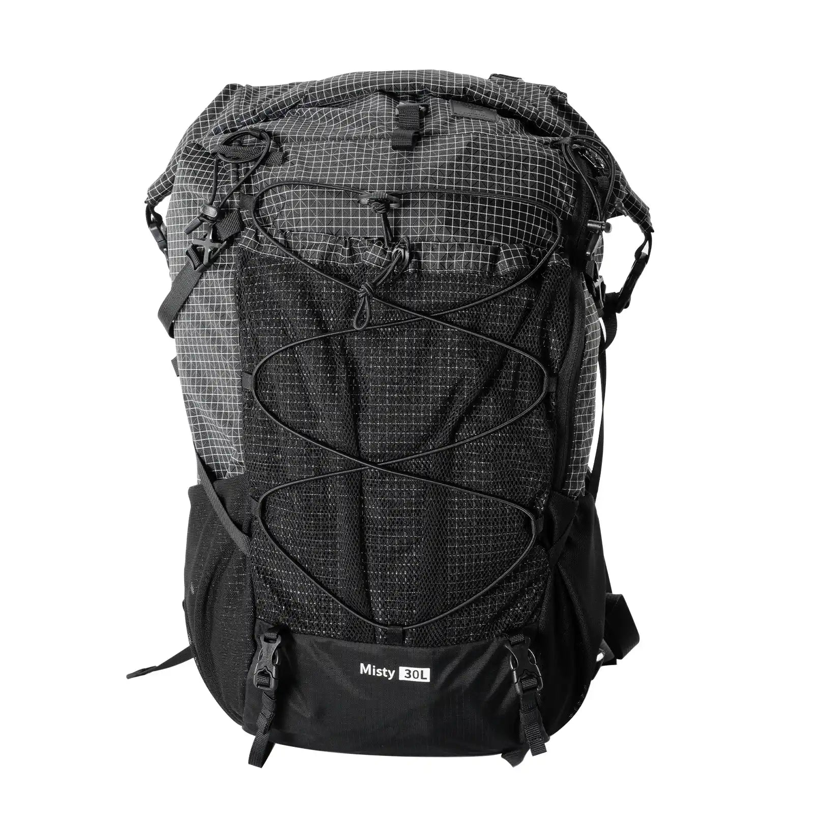 A black waterproof backpack with two mesh pockets on the side for hiking #Color_Black