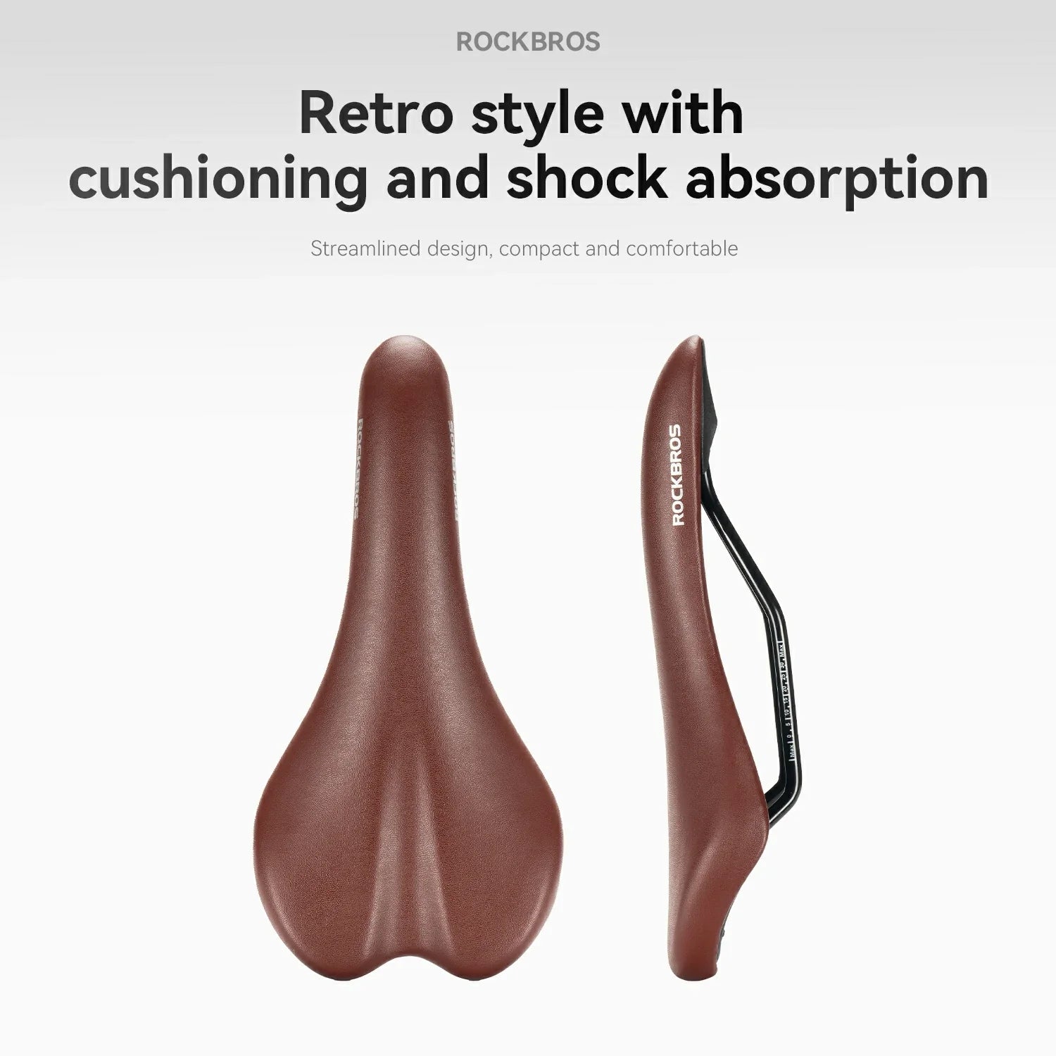 Brown bicycle saddle with 'Rockbros' branding on a white background
