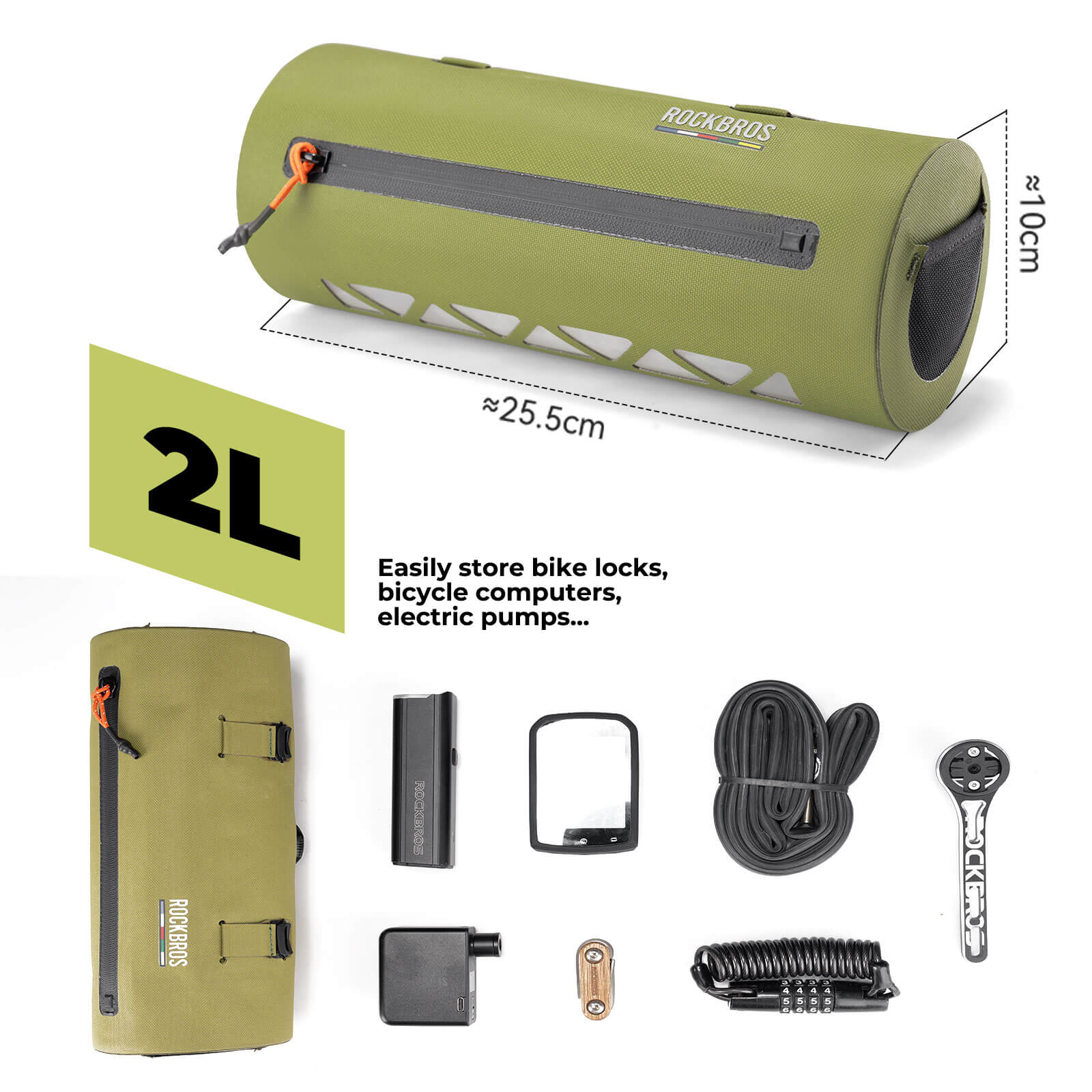 Road-to-Sky bike handlebar bag AS-144 with 2L capacity, 100% waterproof design for secure and convenient storage during all-weather cycling.#Color_green