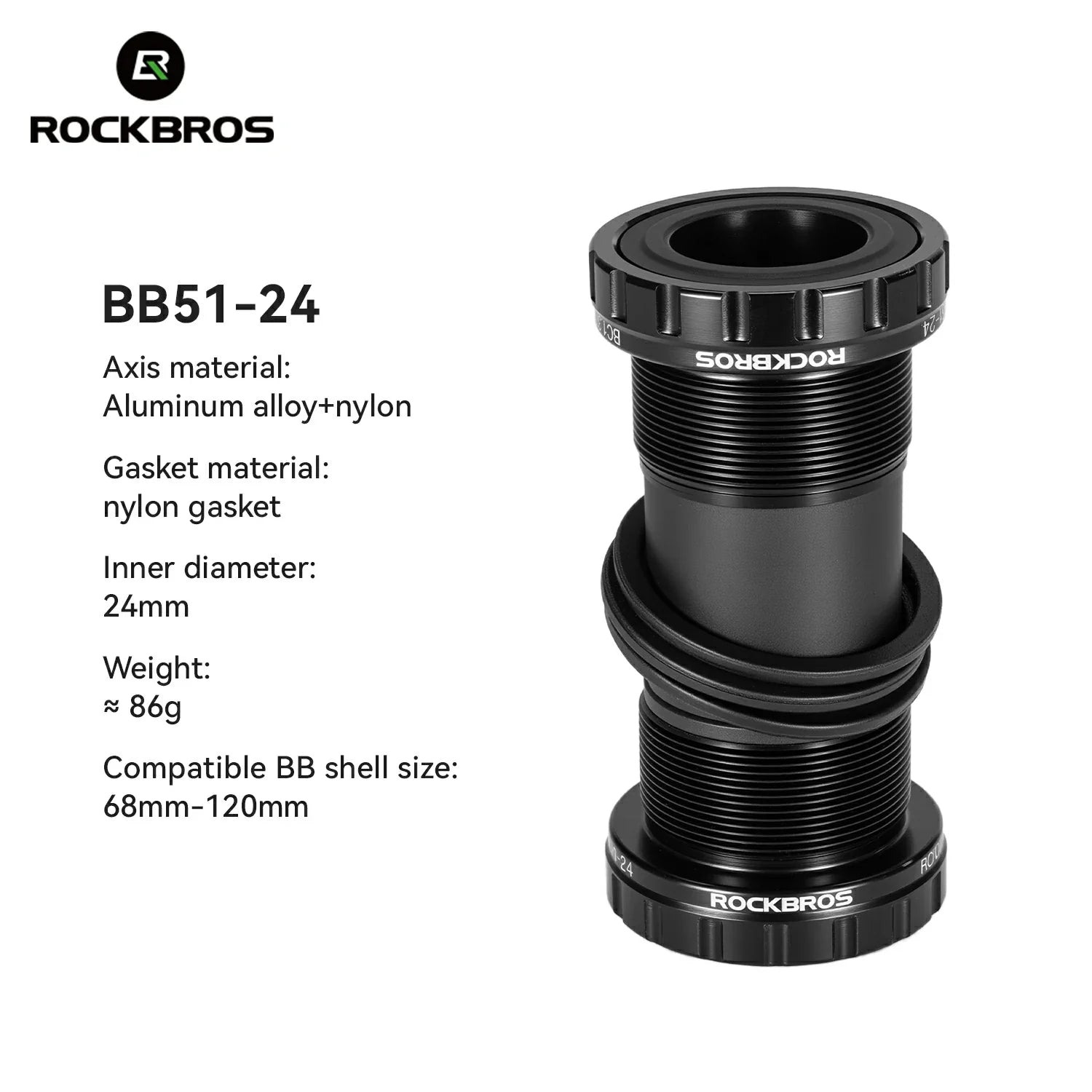 RockBros BB51-24 bicycle bottom bracket with specifications on a white background #Size_BB51-24