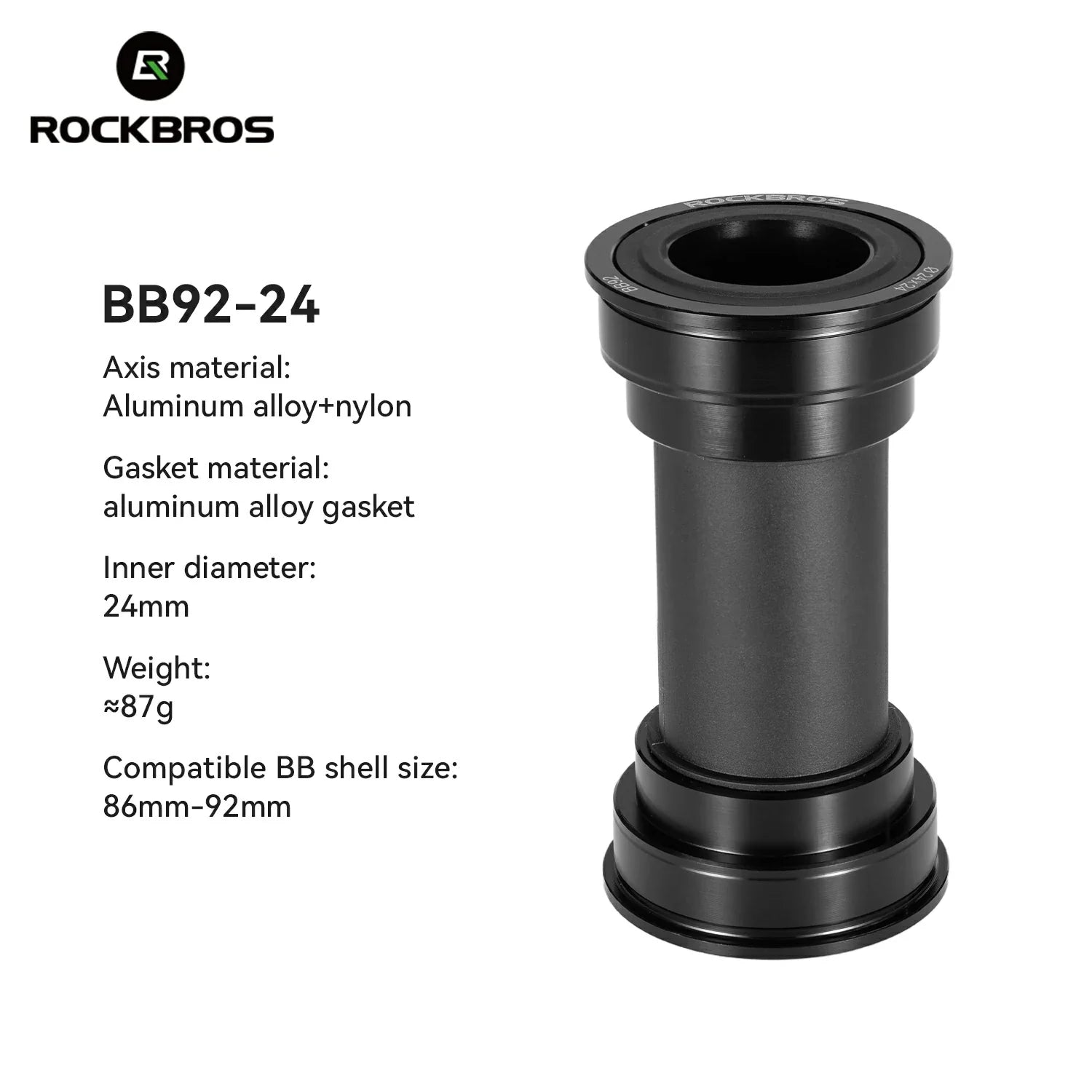 Black bicycle bottom bracket with specifications on a white background, featuring the RockBros brand. #Size_ BB92-24