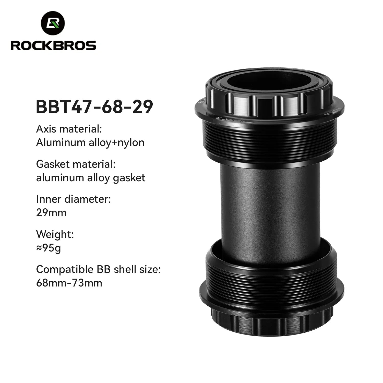Black bicycle bottom bracket with specifications on a white background, featuring the RockBros brand. #Size_BBT47-68-29