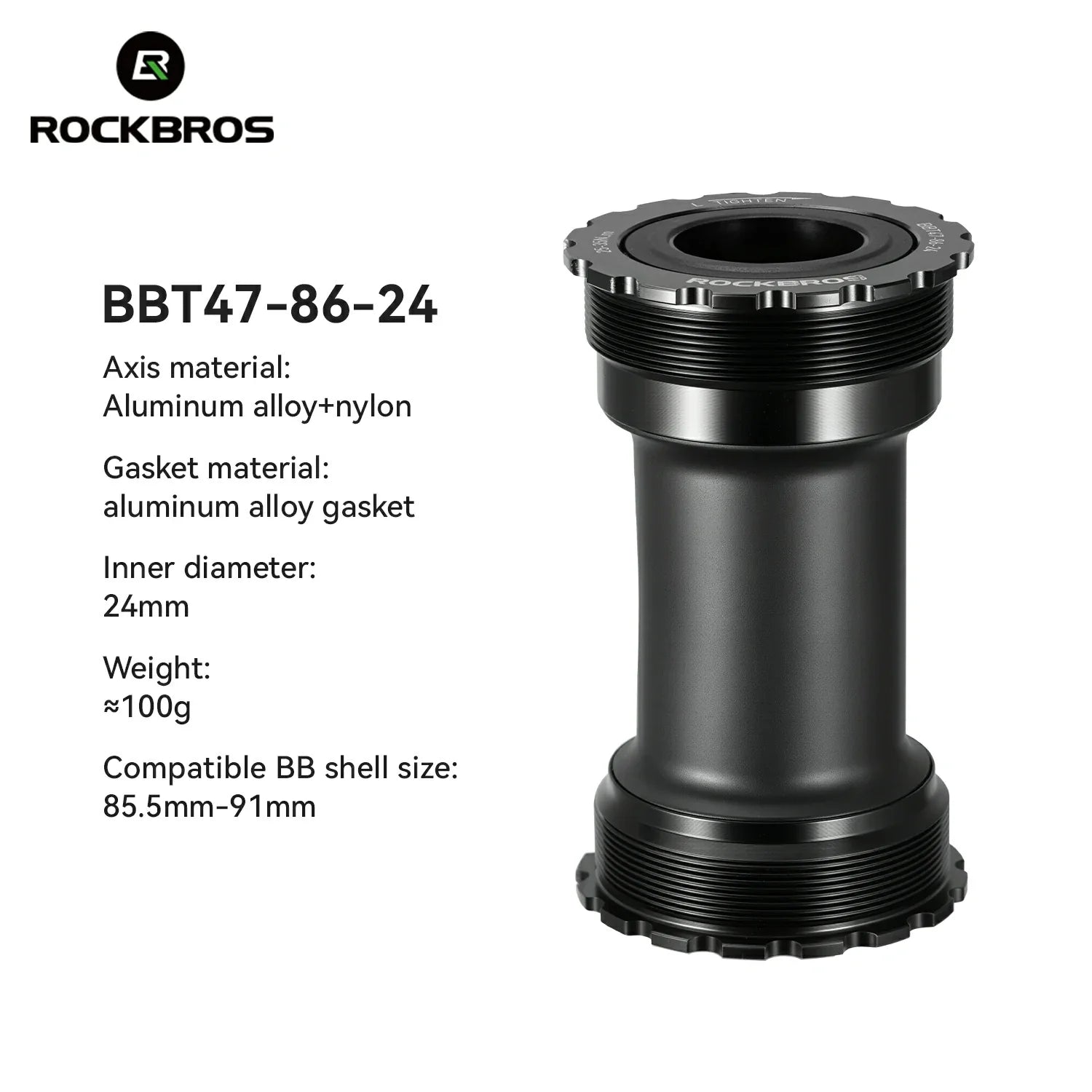 Black bicycle bottom bracket with technical specifications on a white background #Size_BBT47-86-24