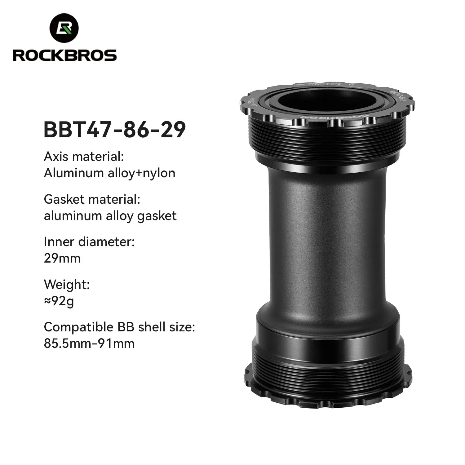 Black bicycle bottom bracket with specifications on a white background, featuring the RockBros brand. #Size_BBT47-86-29