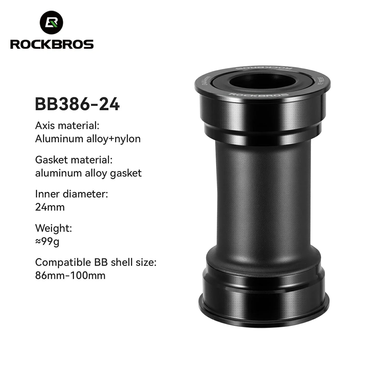 Black bicycle bottom bracket with specifications on a white background, featuring the RockBros brand.  #Size_BB386-24
