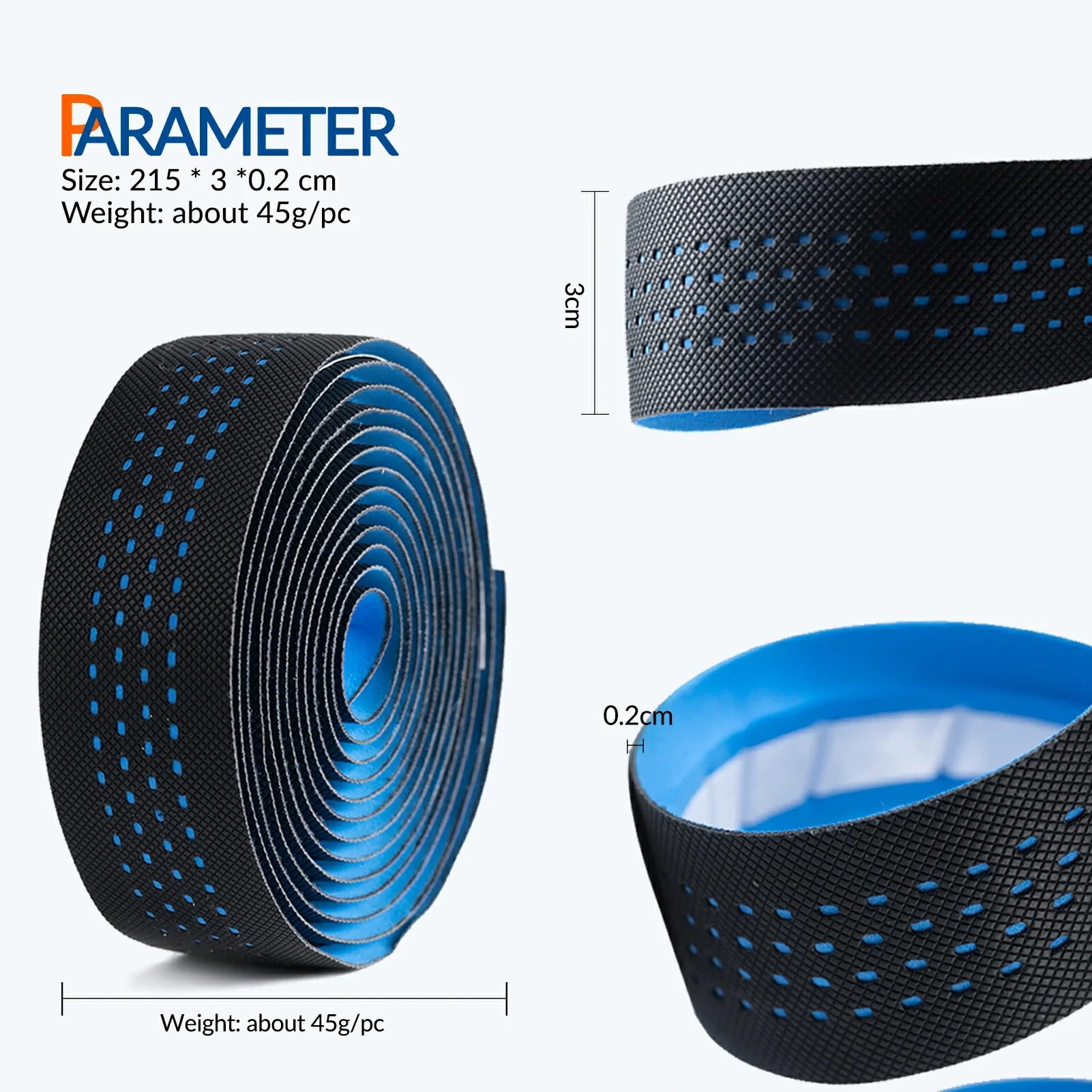 Black and blue tape roll with measurements and weight details on a white background