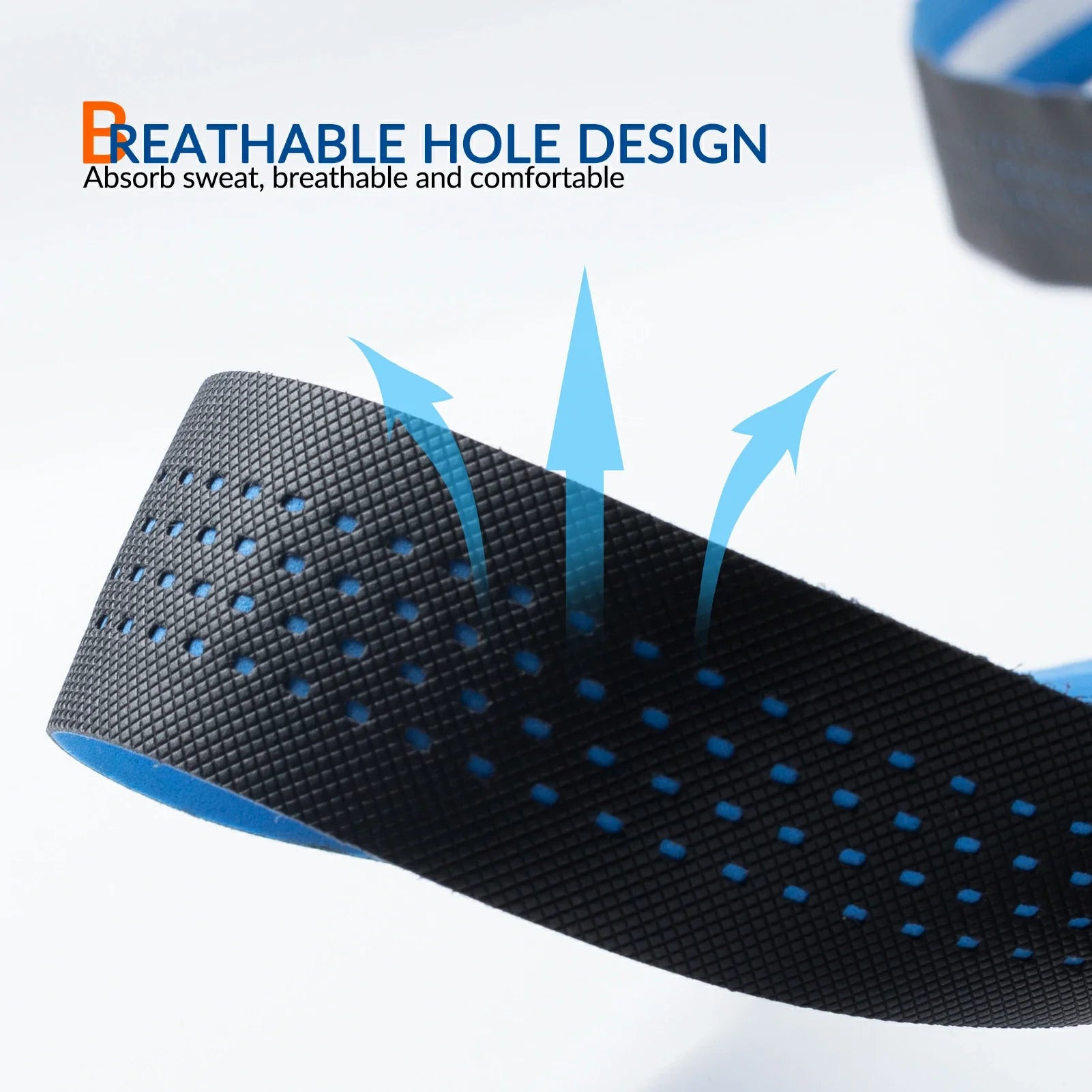 Close-up of a black textured athletic shoe insole with blue interior lining and perforated holes, shown with blue airflow arrows and the text 'BREATHABLE HOLE DESIGN' on a white background.