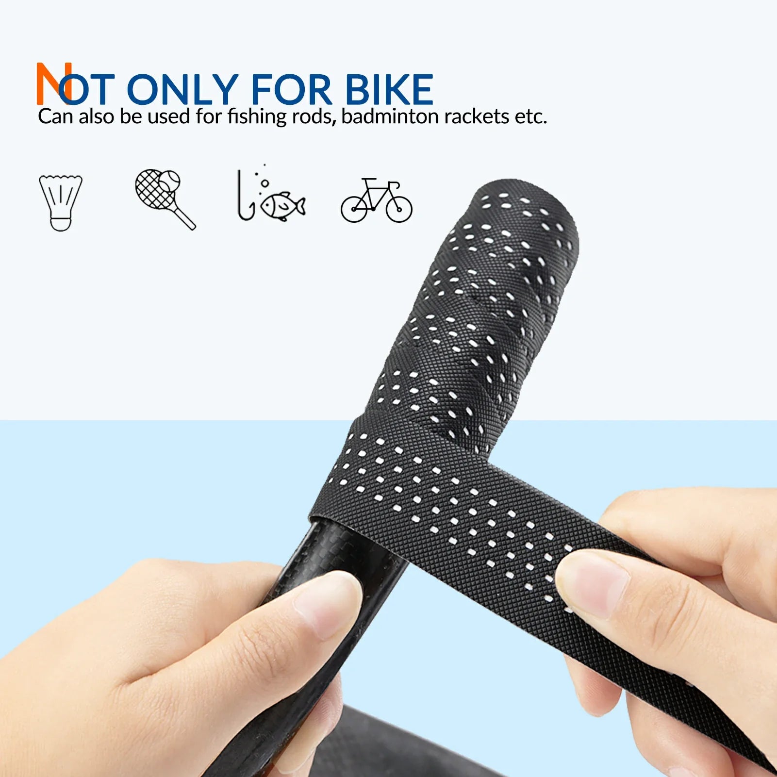 A pair of hands holding a black handlebar grip tape roll with reflective white dots, shown against a split white and light blue background with text stating 'NOT ONLY FOR BIKE' and small icons for badminton, fishing, and racket sports.