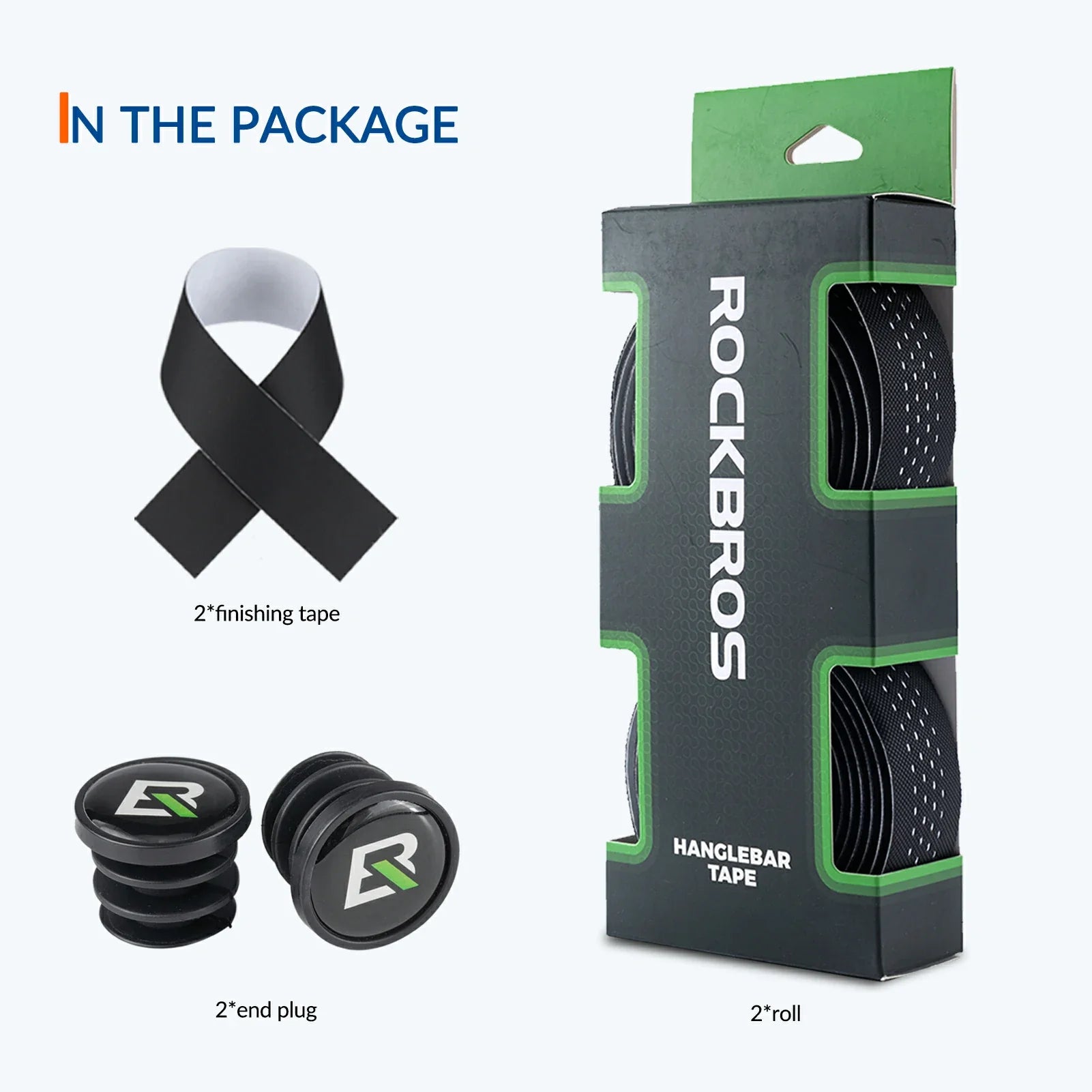 Rockerbros hanglebar tape package shown alongside included components: a black 2-inch finishing tape loop, two black end plugs with the Rockerbros logo, and one roll of black tape in a black-and-green box on a light gray background.