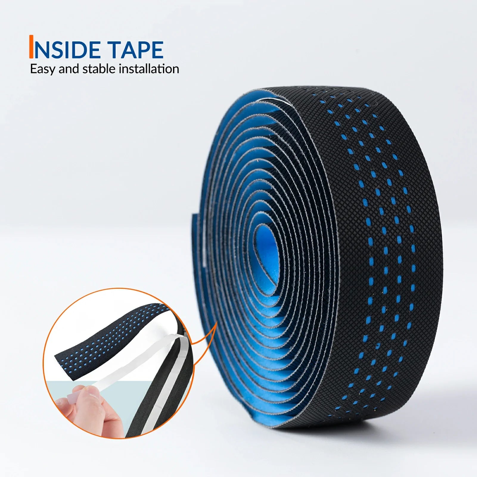 Roll of black tape with blue adhesive on a white background, featuring the brand 'Inside Tape'.