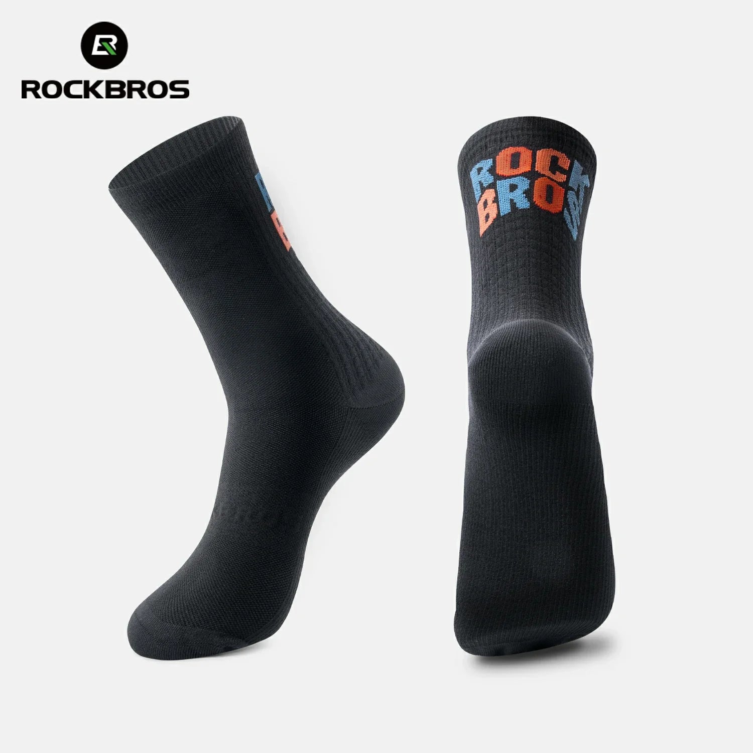 Black socks with 'RockBros' logo on a light gray background #color_black
