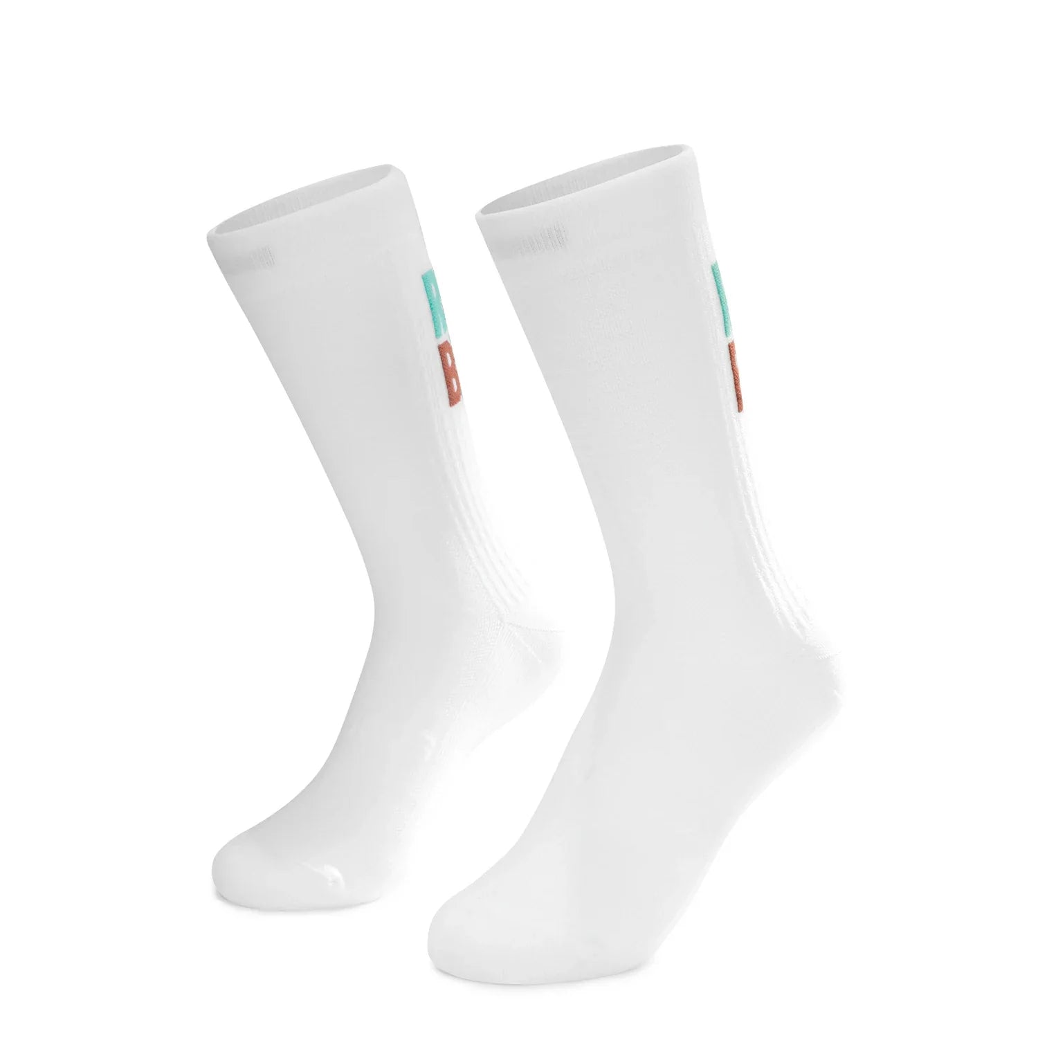 Pair of white socks with small colorful logos on a white background #color_white