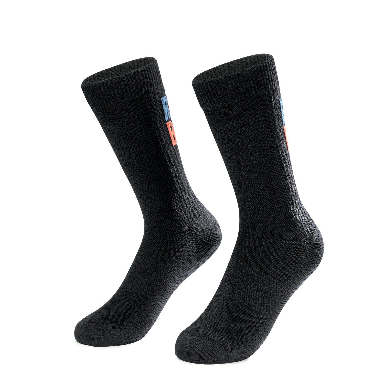 Pair of black socks with small colorful tags on a white background #color_black