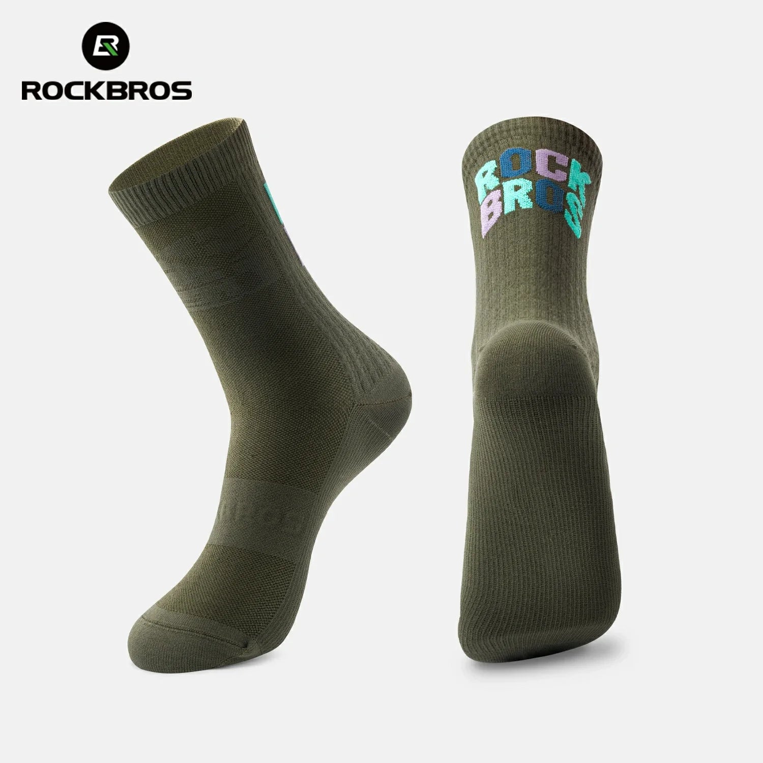 Green socks with 'RockBros' branding on a light gray background #color_green