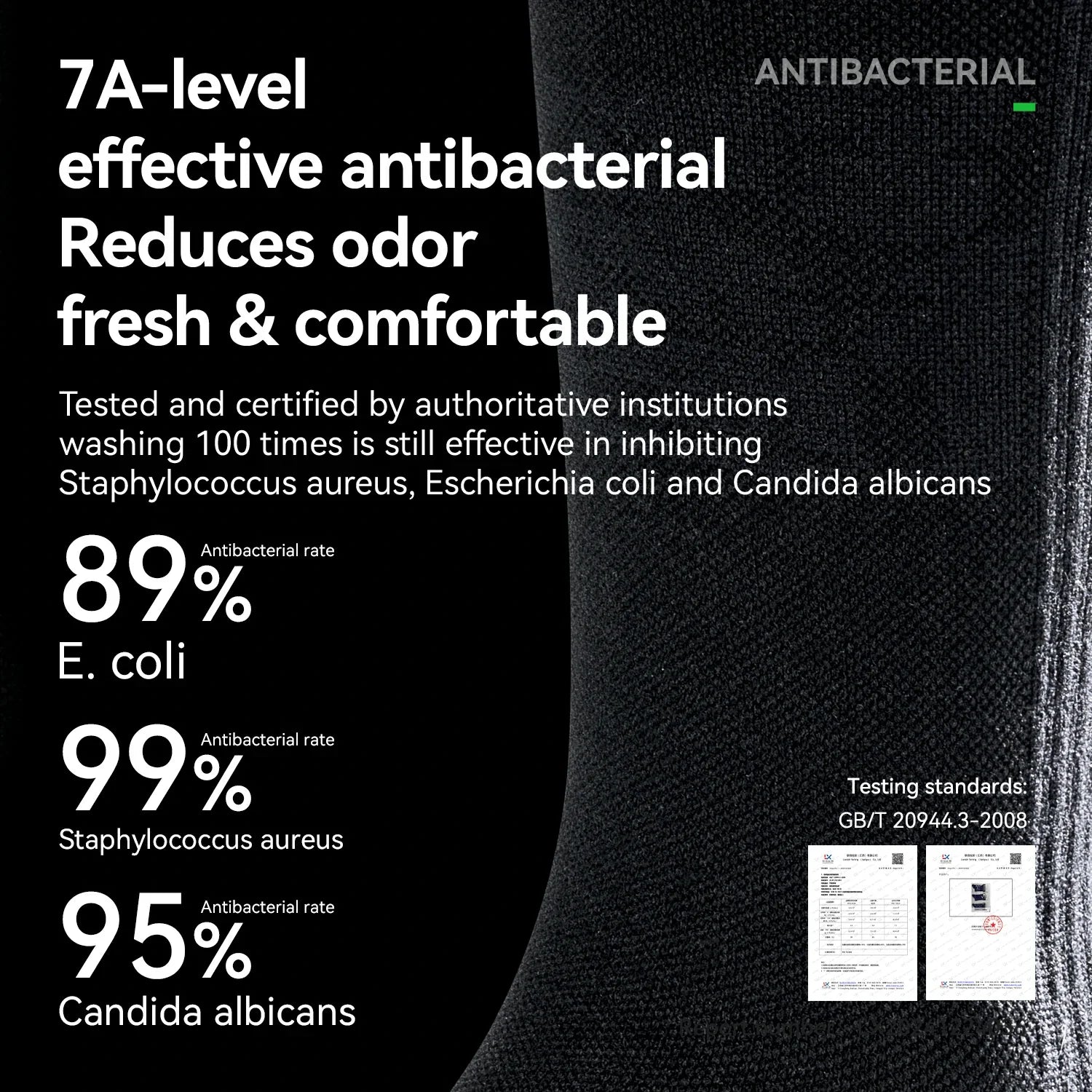 Black sock with antibacterial text and certification on a black background