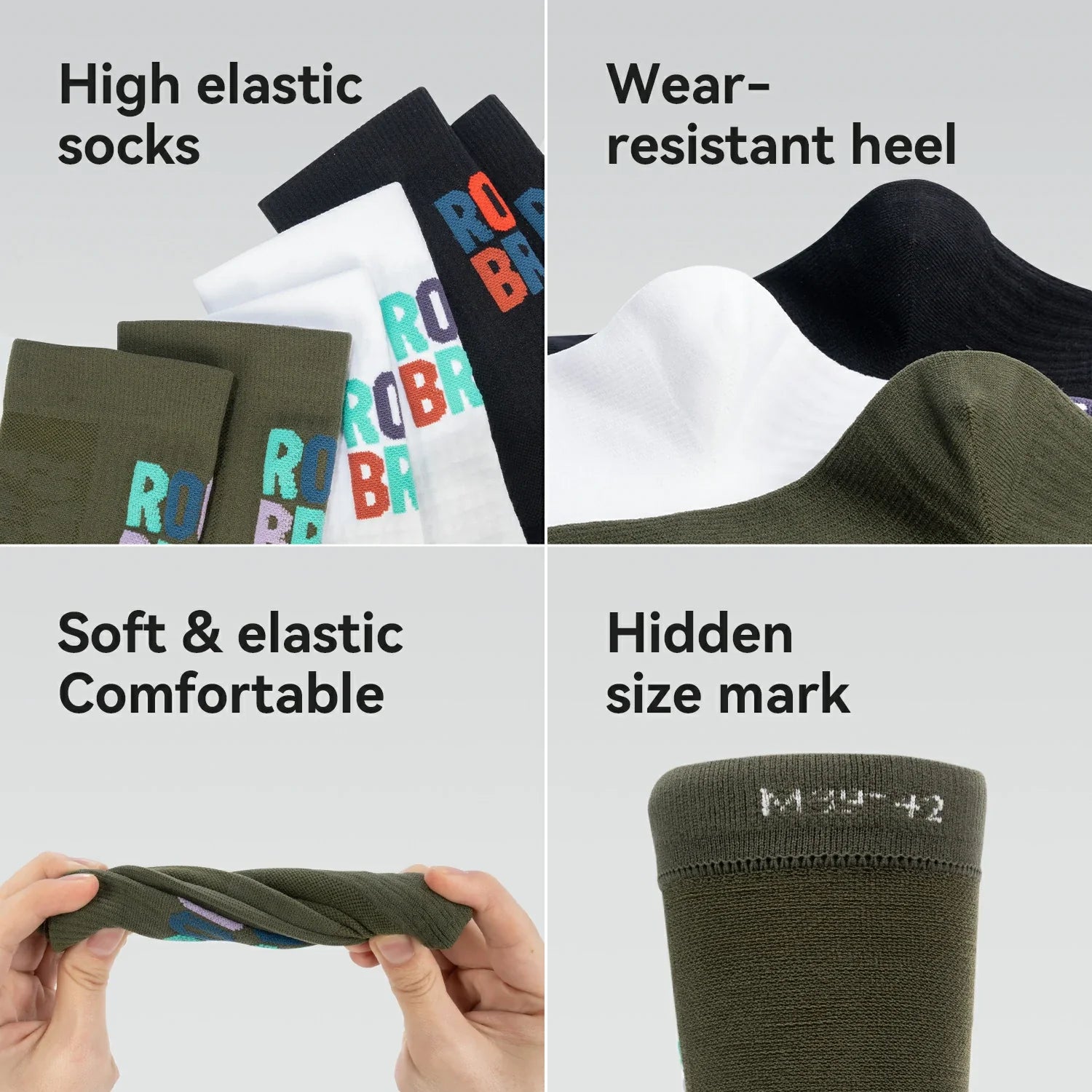 Collage of features of socks including high elasticity, wear-resistant heel, softness, comfort, and a hidden size mark.