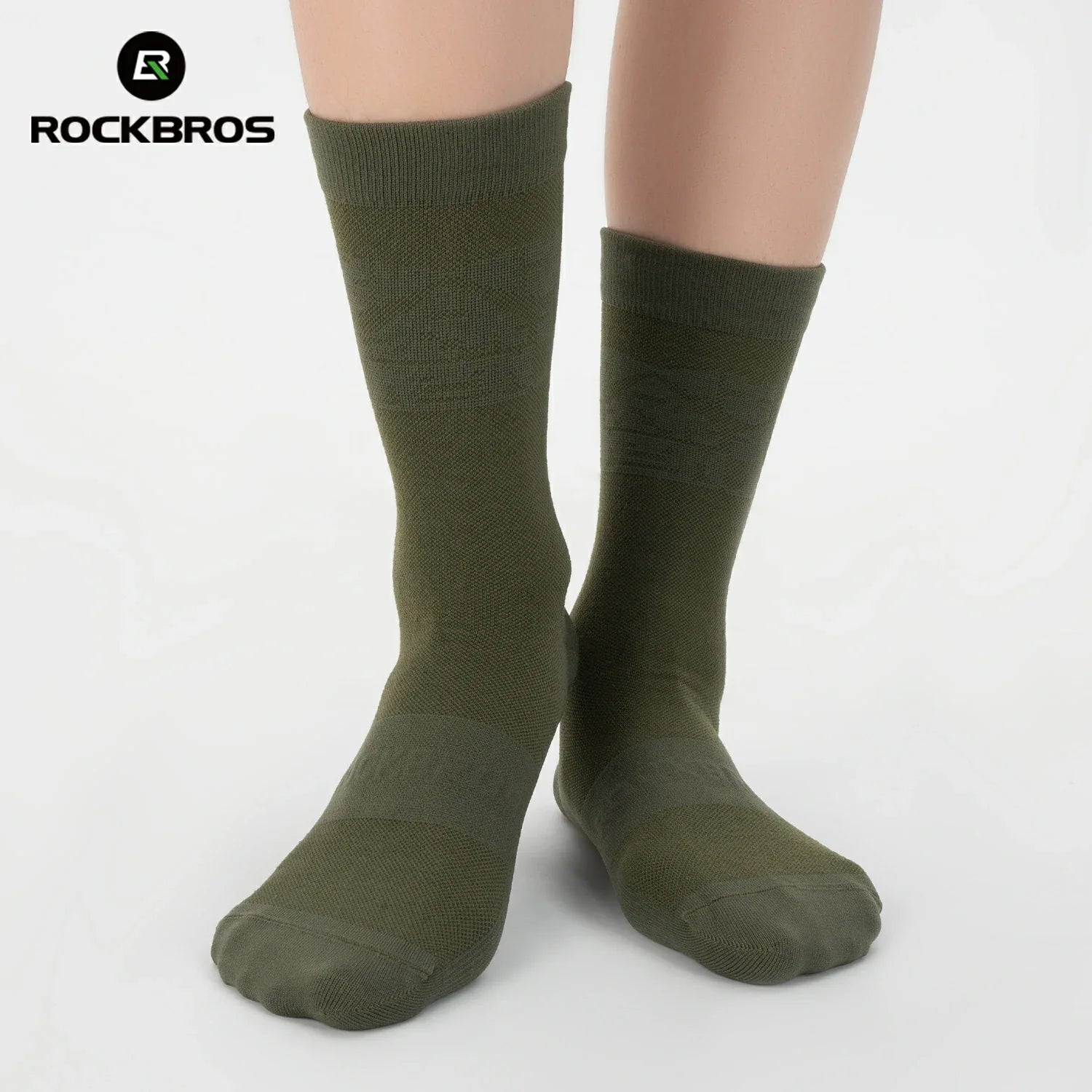 Green socks worn by a person on a white background with RockBros logo. #color_green