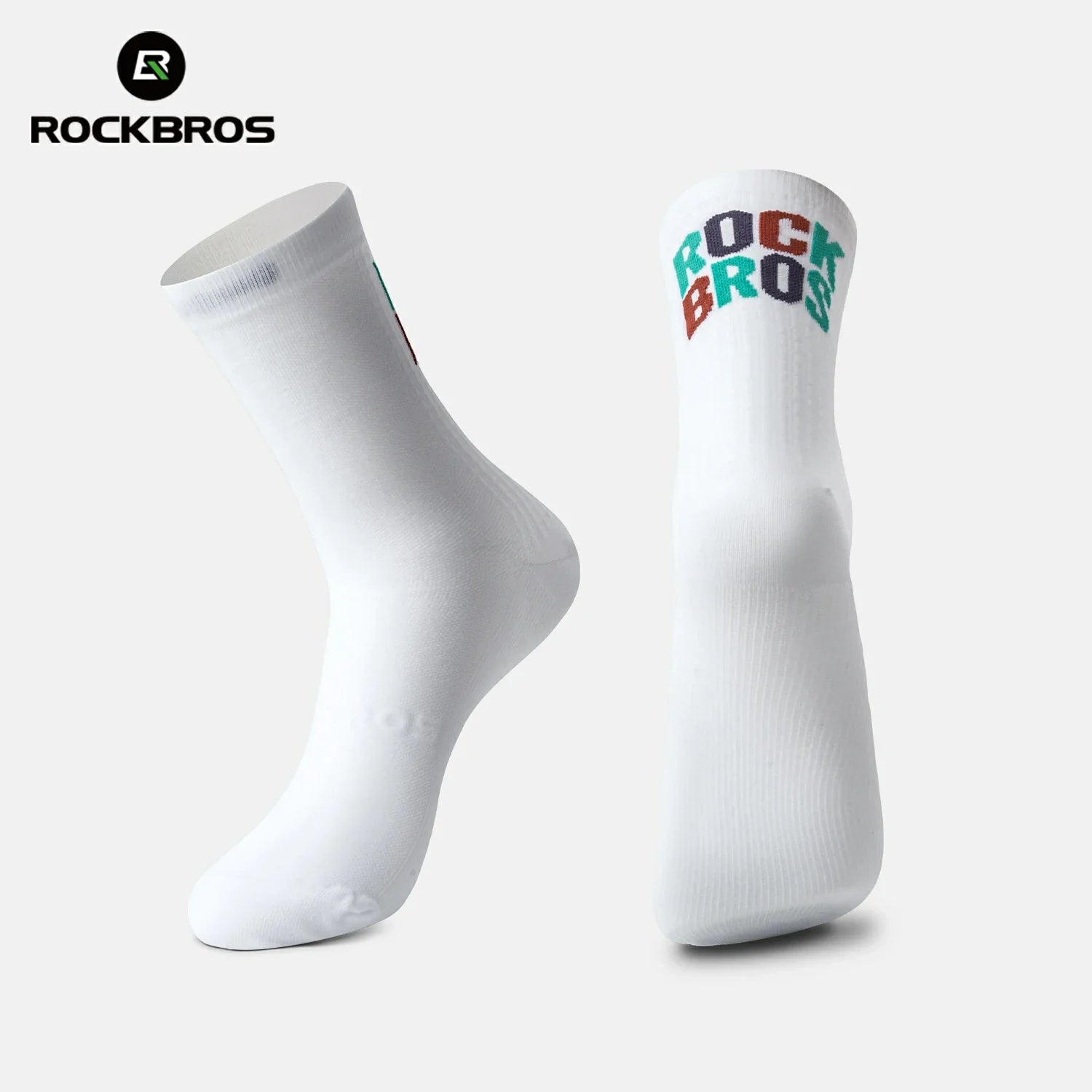 White socks with colorful 'RockBros' logo on a light gray background #color_white
