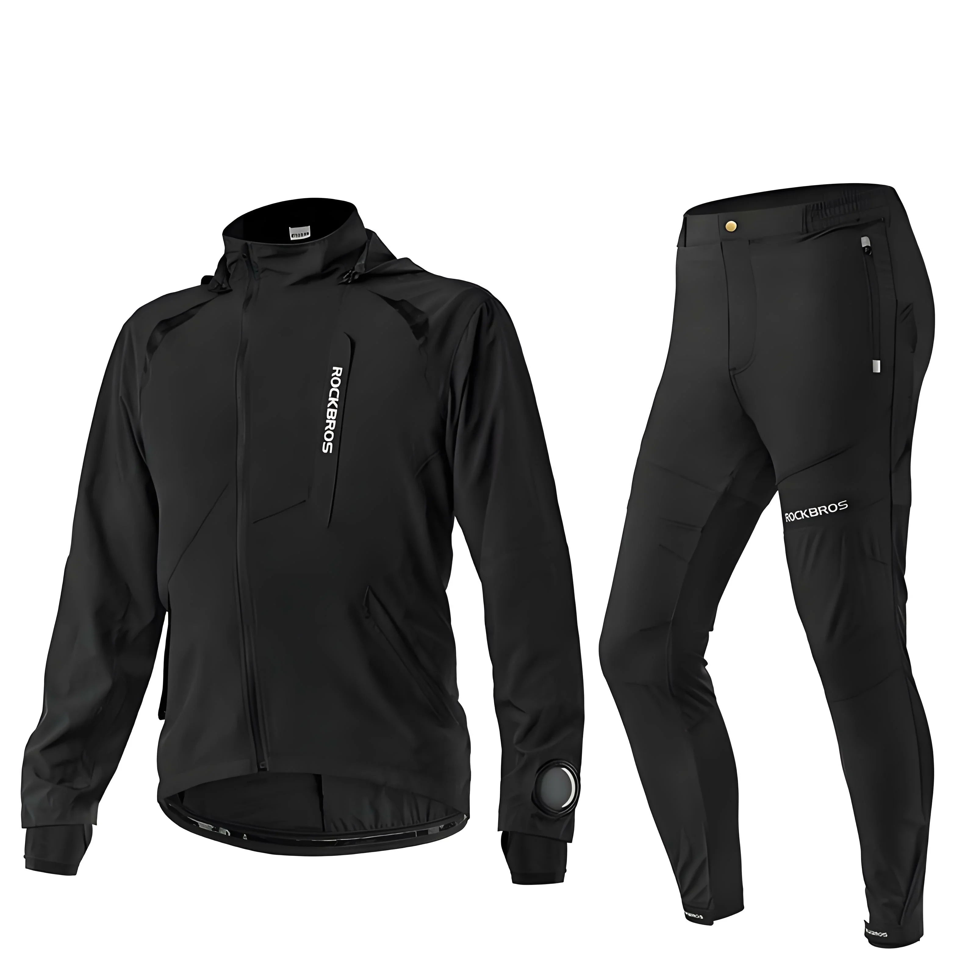 Black jacket and pants set with 'ROCKBROS' branding 