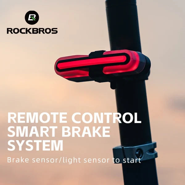 ROCKBROS smart bike tail light with wireless turn signals, brake sensor, remote control, and rechargeable battery
