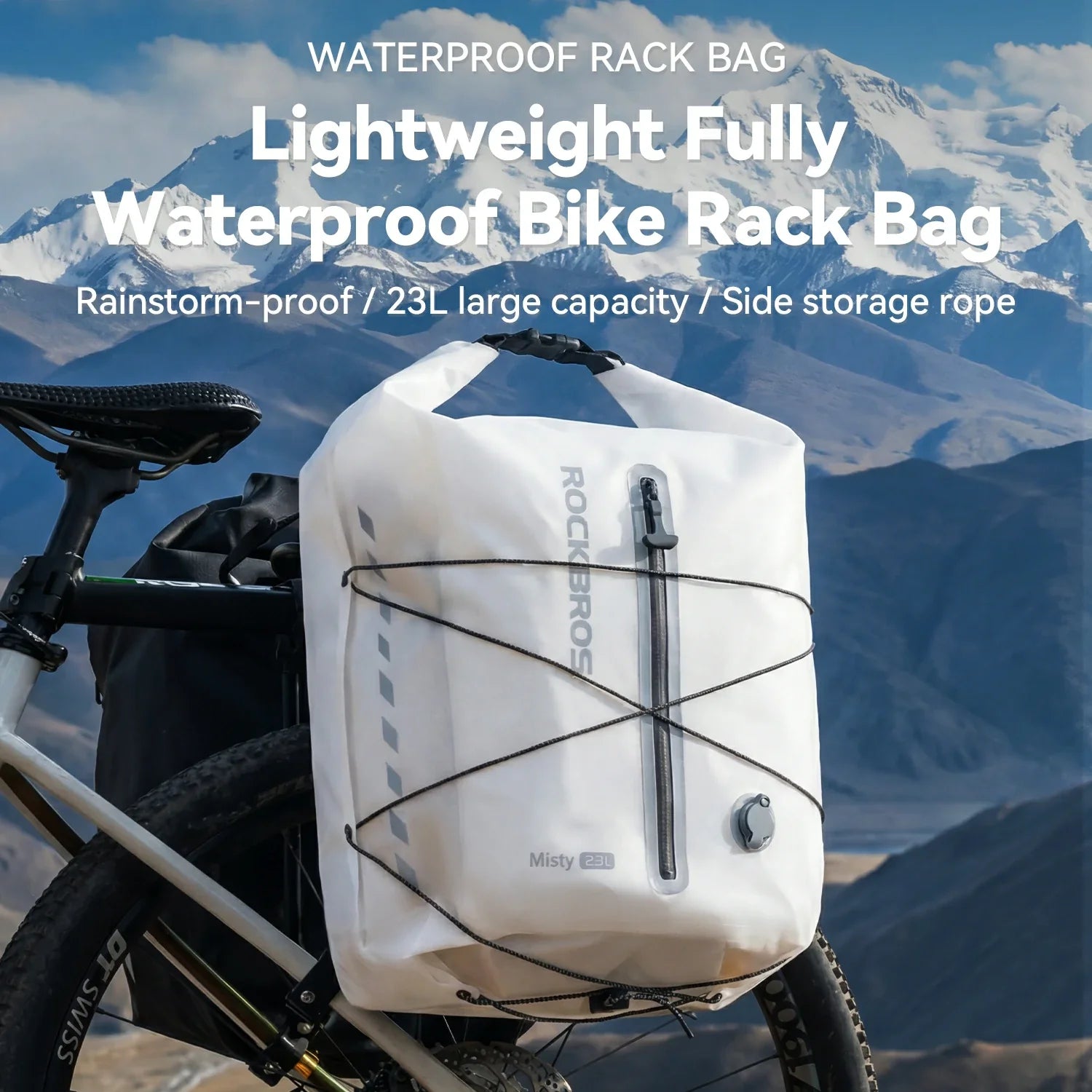 Waterproof bike rack bag on a bicycle with mountainous background