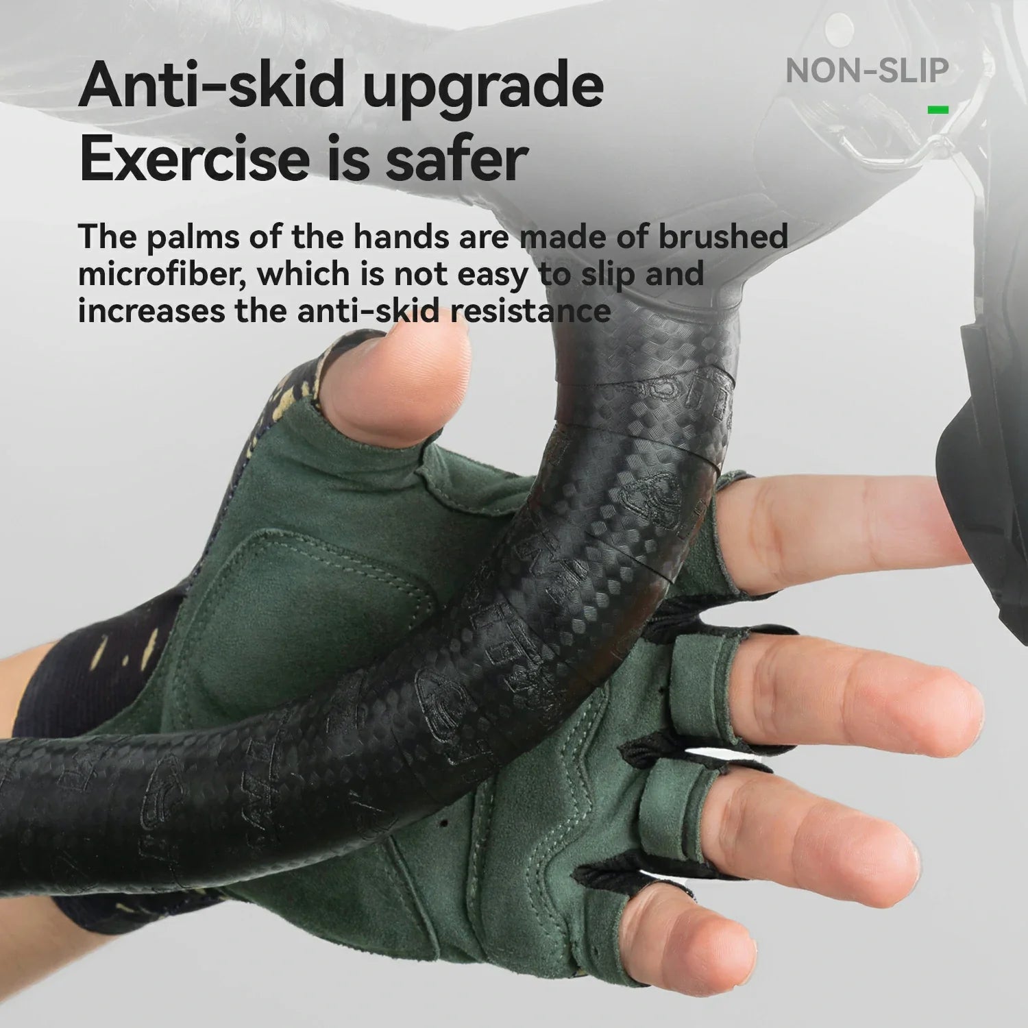 Green cycling gloves with text highlighting anti-skid feature on a gray background