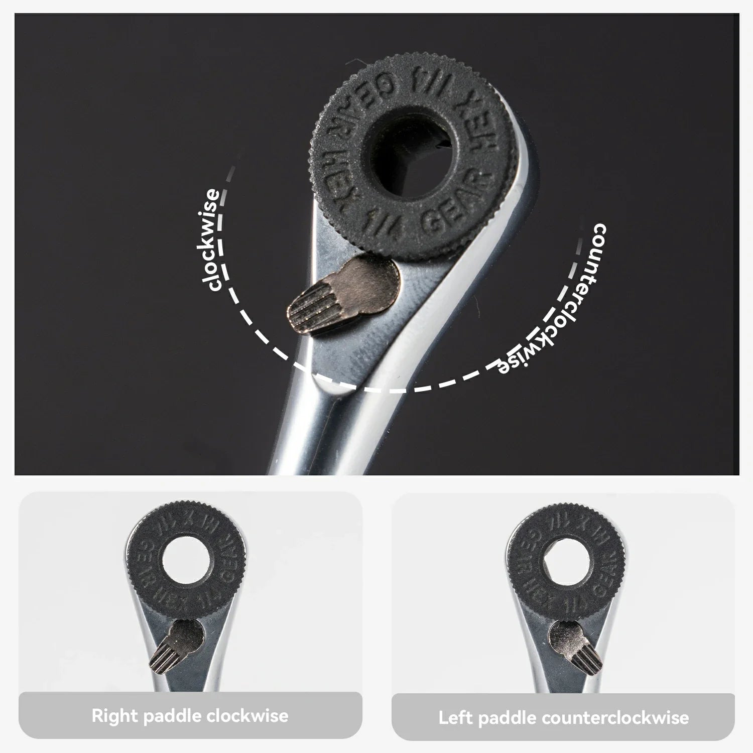 Close-up of a tool with paddle directions labeled clockwise and counterclockwise on a black background.