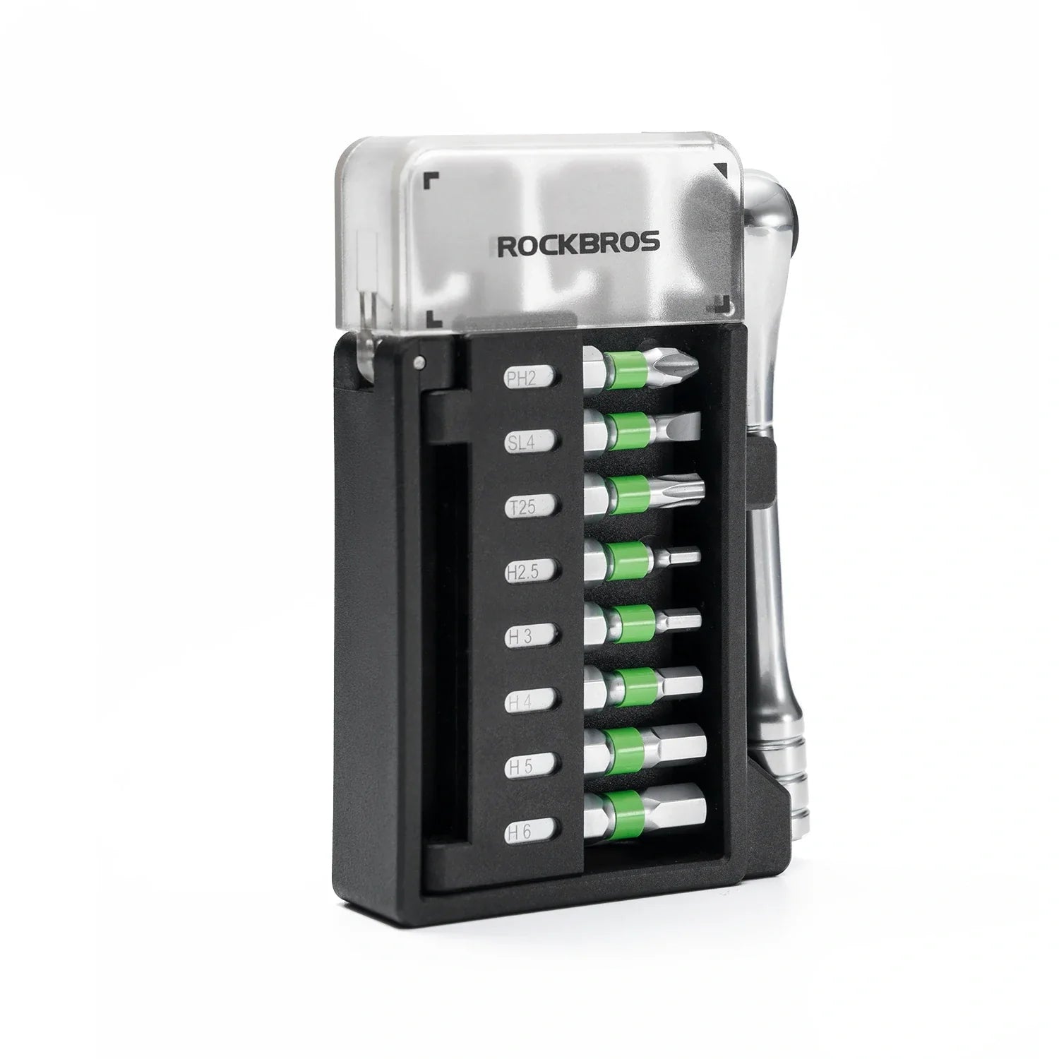 RockBros tool bit set with multiple bits in a black holder on a white background
